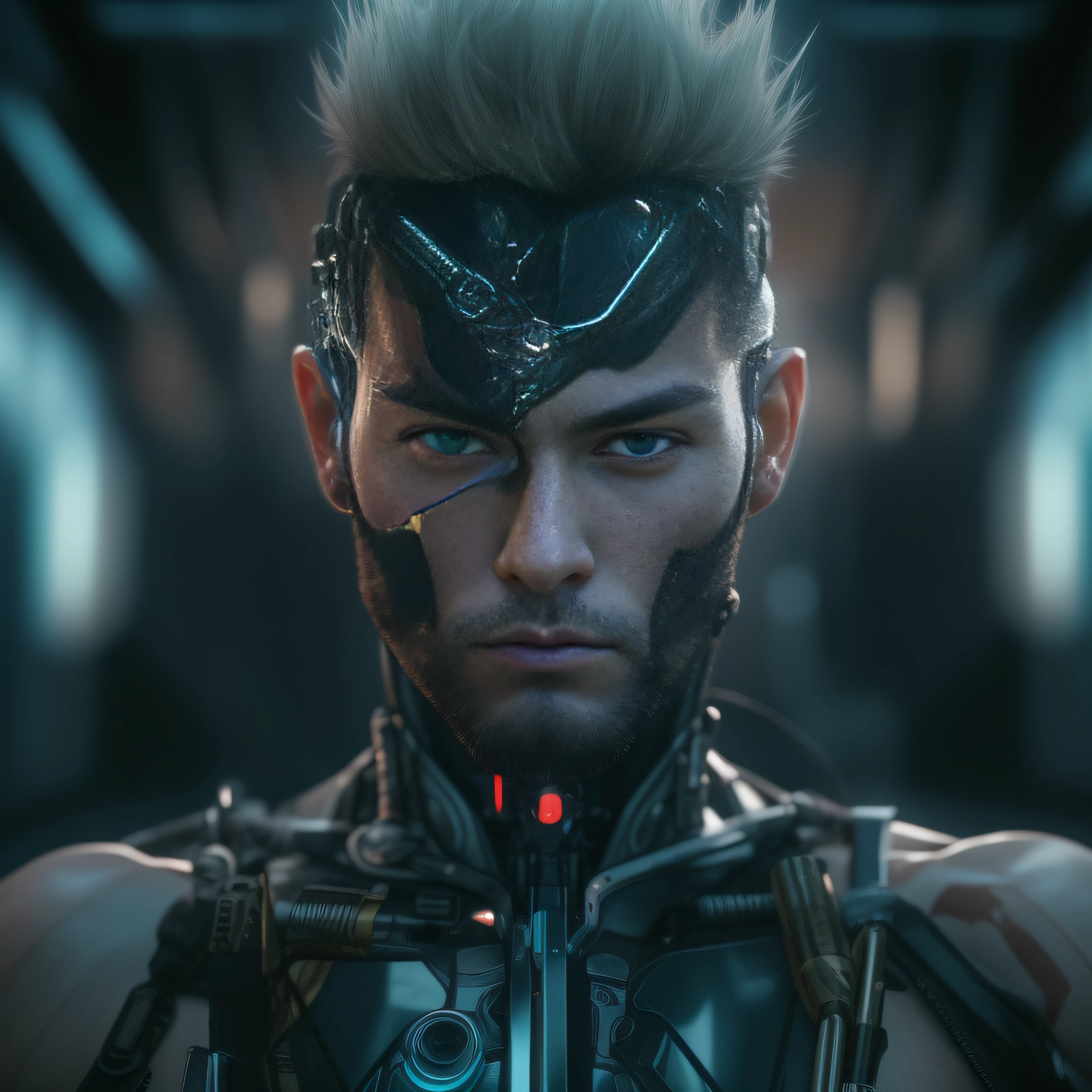 (The Alfed man wears black transparent latex tongs,Translucent latex pliers:1.5),(Metallic body, bionic scifi alexandre ferra, cyborg neck, cyborg male, male cyborg, cyborg fashion model, portrait of a cyborg, detailed portrait of a cyborg, cybernetic neck implant, portrait of a futuristic robot :1.3)(dystopian sci-fi character, sci - fi character, portrait of a cyberpunk cyborg:1.2)(8K,Extreme detail,Hair in extreme detail,Ultra photo realsisim,cinmatic lighting:1.1)(Asian supermodel face,Strong muscles and perfectly curved body,Extreme sexual tension,Hormonal explosion,whole body display:1.5)(Short hair, Light-colored beard, Stubble masculinity,Naked muscle man,Muscular macho,No clothes on,Only a pair of thongs was worn,Extremely sexy and provocative:1.5)(whole body display:1.5)