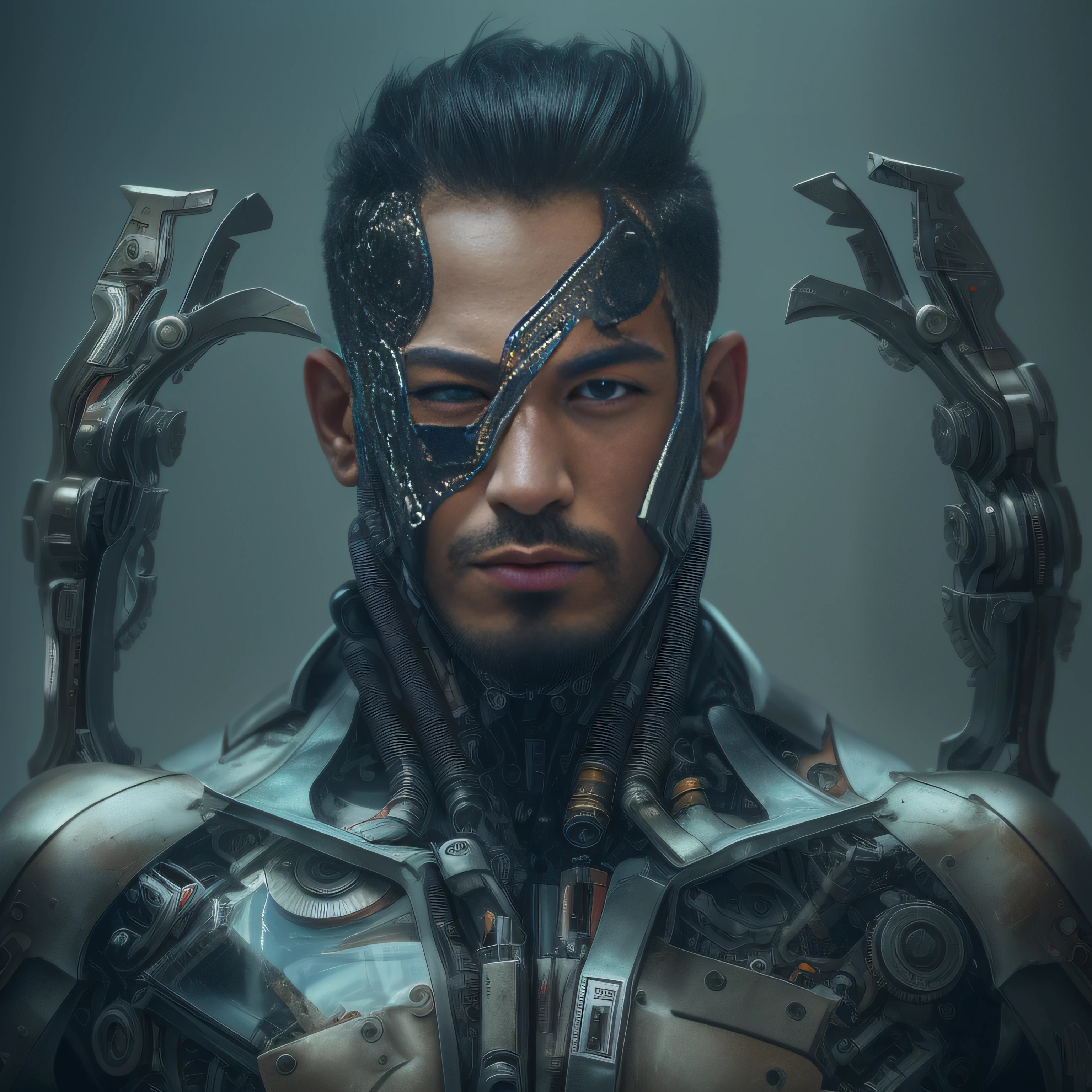 (The Alfed man wears black transparent latex tongs，Translucent latex pliers：1.5)，（Metallic body, bionic scifi alexandre ferra, cyborg neck, cyborg male, male cyborg, cyborg fashion model, portrait of a cyborg, detailed portrait of a cyborg, cybernetic neck implant, portrait of a futuristic robot ：1.3）（dystopian sci-fi character, sci - fi character, portrait of a cyberpunk cyborg：1.2）（8K，Extreme detail，Hair in extreme detail，Ultra photo realsisim，cinmatic lighting：1.1）（Asian supermodel face，Strong muscles and perfectly curved body，Extreme sexual tension，Hormonal explosion，whole body display：1.5）（Short hair, Light-colored beard, Stubble masculinity，Naked muscle man，Muscular macho，No clothes on，Only a pair of thongs was worn，Extremely sexy and provocative：1.5)（whole body display：1.5）