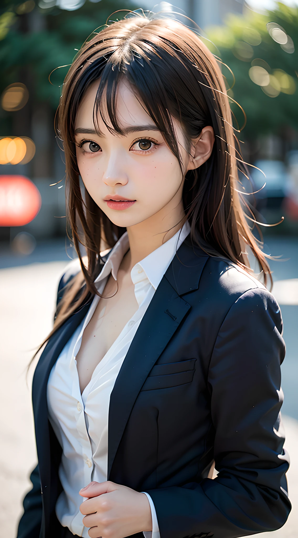 (masterpiece, best quality:1.2), 8k, 85mm, official art, raw photo, absurdres, violaceaess, rosaceaess, gardeniass, beautiful girl, pretty face, close up, upper body, cinch waist, black tailored suit, suit jaket, V-neck shirt, looking at viewer, (cleavage:0.7), large breasts, film grain, chromatic aberration, sharp focus, facelight, clear lighting, detailed face, (bokeh background:1.2)