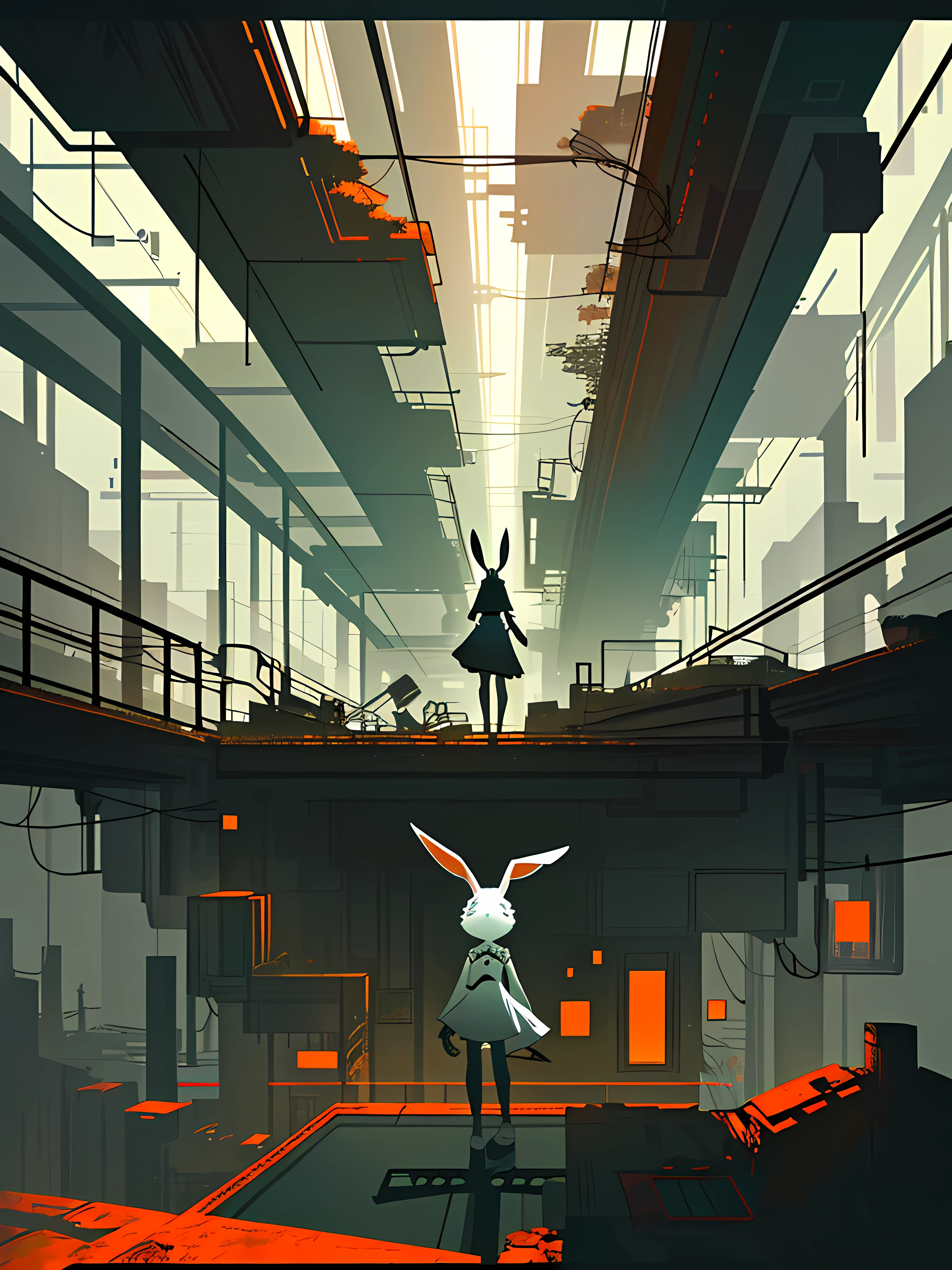 (blame! style abandoned tech landscape), (Zen, Amy Sol style), (underground, dark, foggy, perilous, abandoned dystopian apartment bedroom, deep windows), (abstract anthro rabbit figure wearing bunny ears), cover art with light abstraction, abstract, simple vector art, contemporary Cybernetic art, color gradients, soft color palettes, layered forms, whimsical animation, style Ethereal abstract, 4K, --v6