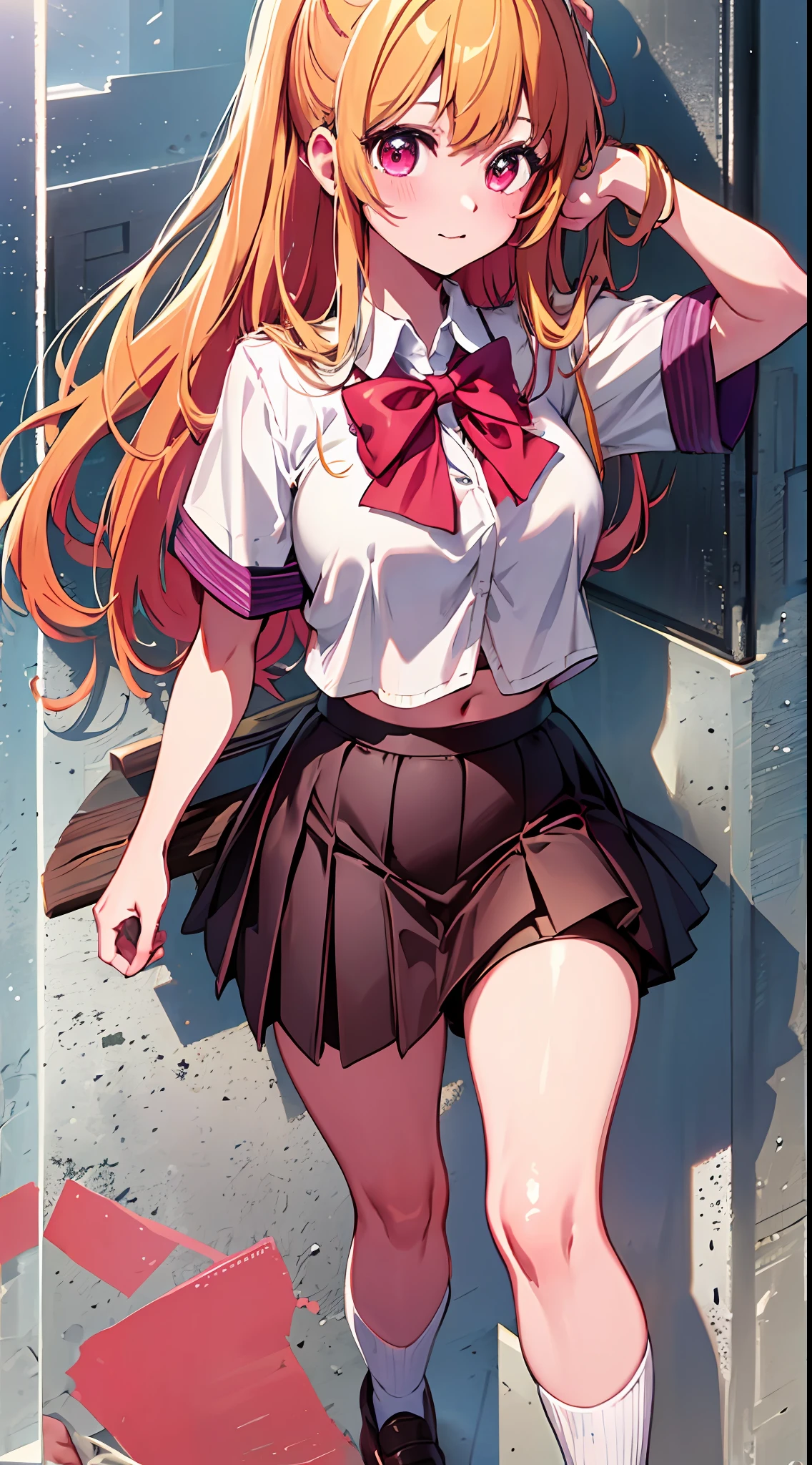 main girl is beautiful and cute, "neat and bright uniform coordination", fashion model posing, full body, full body illustration, best illustration, elementary school student, realistic and elaborate uniform, high school uniform, ((highest quality)), ((masterpiece)), (detail: 1.4), anatomical, award-winning concept art, beautiful, fine details, portrait, look viewer, (full body view)), 1 girl, full body, solo, , schoolchild, golden hair, blonde, semi-long hair, red and pink eyes, large eyes, the pupil of the left eye is star-shaped, characteristic pupil of the left eye, the pupil of the left eye is clear, the pupil of the left eye is detailed, dark brown blazer, maroon sweater, long skirt with a long check length, dark green and maroon skirt, black hyso, orange large ribbon, white blouse, underwear, panties, skirt, white panties, wet, shirt, wet clothes, skirt lift, blush, classroom, navel,lift under chest, clothing lift, easy background, lifting clothes, uniform, Japan cute school uniform, blazer, look away, short sleeve, loli, skinnlementary, loli, baby facete, young appearance, fantastic visual depiction, professional effects, beautiful girl, petite girl, sweaty transparent clothes, uneven, absurd, heel up loafers, golden hair, red and pink eyes, main girl is beautiful and cute