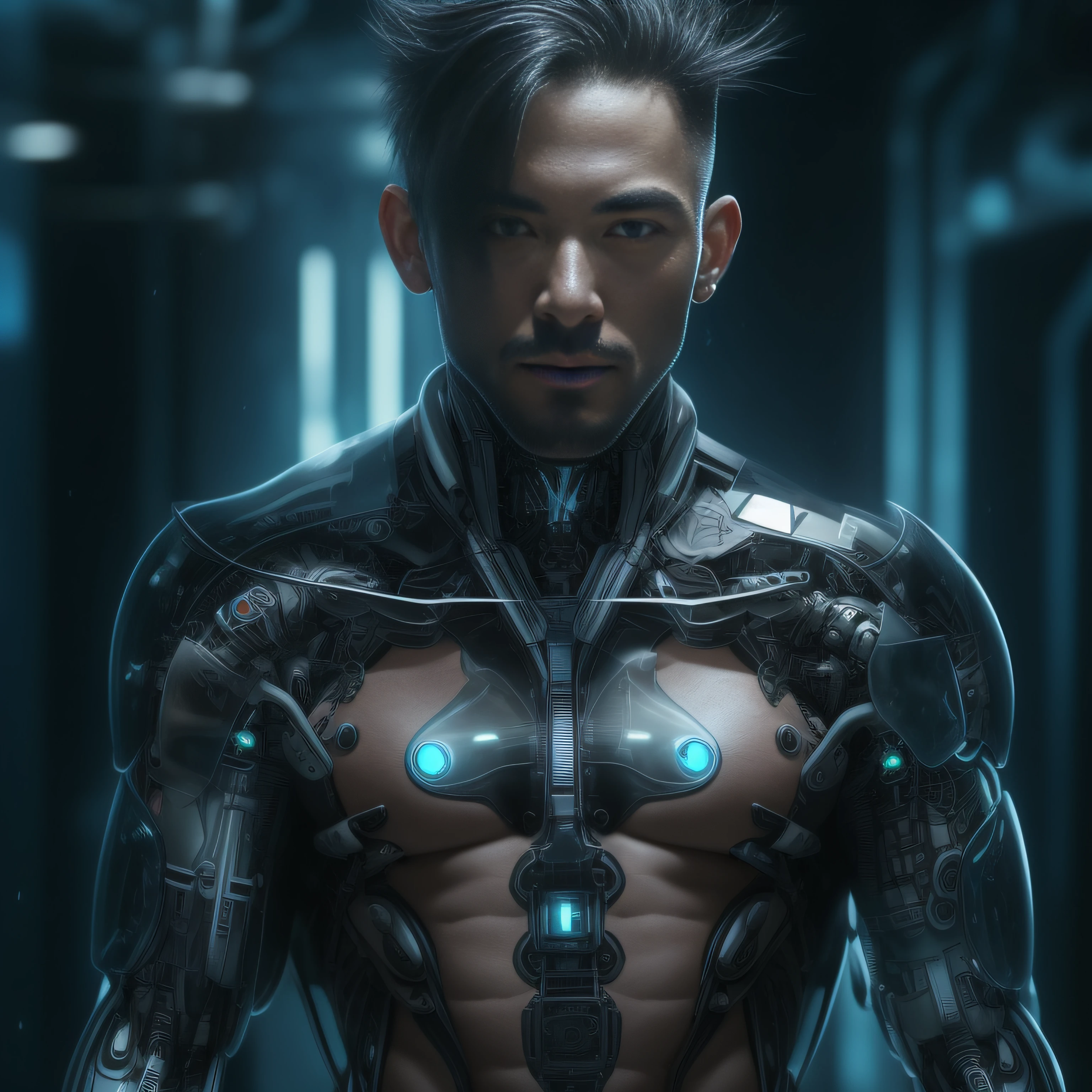 (The Alfed man wears black transparent latex tongs，Translucent latex pliers：1.5)，（Metallic body, bionic scifi alexandre ferra, cyborg neck, cyborg male, male cyborg, cyborg fashion model, portrait of a cyborg, detailed portrait of a cyborg, cybernetic neck implant, portrait of a futuristic robot ：1.3）（dystopian sci-fi character, sci - fi character, portrait of a cyberpunk cyborg：1.2）（8K，Extreme detail，Hair in extreme detail，Ultra photo realsisim，cinmatic lighting：1.1）（Asian supermodel face，Strong muscles and perfectly curved body，Extreme sexual tension，Hormonal explosion，whole body display：1.5）（Short hair, Light-colored beard, Stubble masculinity，Naked muscle man，Muscular macho，No clothes on，Only a pair of thongs was worn，Extremely sexy and provocative：1.5)（whole body display：1.5）