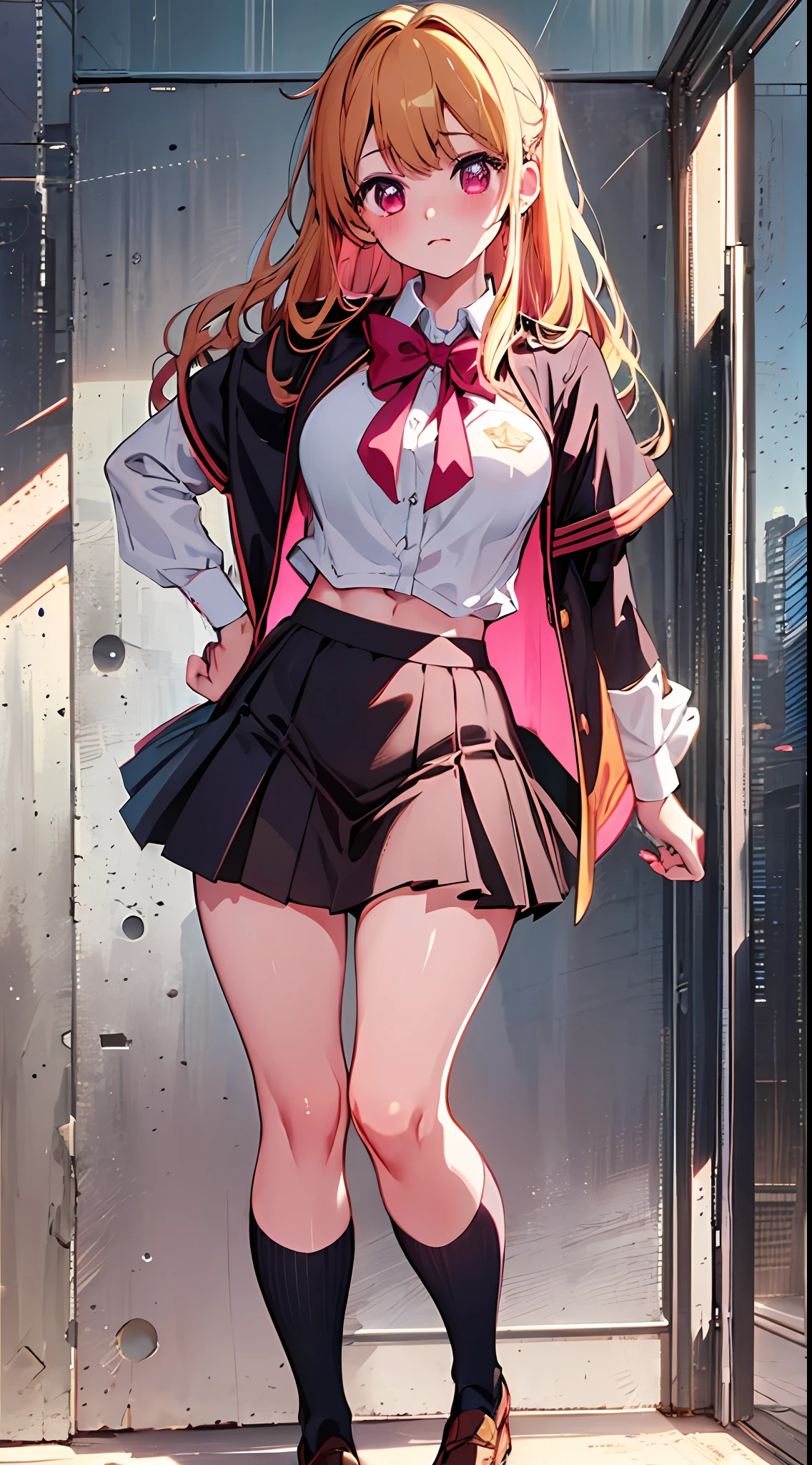 main girl is beautiful and cute, "neat and bright uniform coordination", fashion model posing, full body, full body illustration, best illustration, elementary school student, realistic and elaborate uniform, high school uniform, ((highest quality)), ((masterpiece)), (detail: 1.4), anatomical, award-winning concept art, beautiful, fine details, portrait, look viewer, (full body view)), 1 girl, full body, solo, 6 years old, schoolchild, golden hair, blonde, semi-long hair, red and pink eyes, large eyes, the pupil of the left eye is star-shaped, characteristic pupil of the left eye, the pupil of the left eye is clear, the pupil of the left eye is detailed, dark brown blazer, maroon sweater, long skirt with a long check length, dark green and maroon skirt, black hyso, orange large ribbon, white blouse, underwear, panties, skirt, white panties, wet, shirt, wet clothes, skirt lift, blush, classroom, navel,lift under chest, clothing lift, easy background, lifting clothes, uniform, Japan cute school uniform, blazer, look away, short sleeve, loli, skinny, elementary, loli, baby face, cute, young appearance, fantastic visual depiction, professional effects, beautiful girl, petite girl, sweaty transparent clothes, uneven, absurd, heel up loafers, golden hair, red and pink eyes, main girl is beautiful and cute