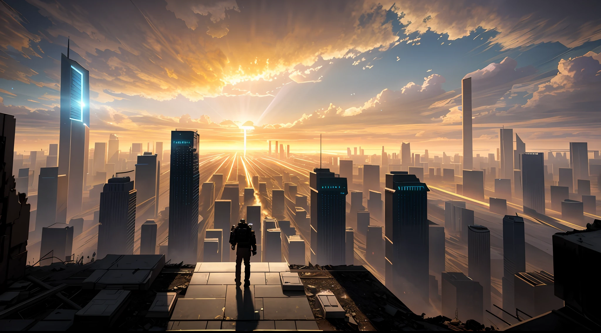 Image of a man standing under the ruins of a city, The apocalyptic view, Desolate street view, Desolate. Digital illustration, Apocalyptic background, future-tech,apocalyptic city backround, Doomsday setting, apocalyptic environment, post apocalyptic atmosphere, apocalyptic city, post apocalyptic landscape, Doomsday scenario, in a post-apocalyptic wasteland, Cinematography concept art, apocalyptic scenery,((best qualtiy)), ((tmasterpiece)), (The is very detailed:1.3), 3D, Shitu-mecha,city ruins, Ancient Techniques, hdr(HighDynamicRange), Ray traching, NVIDIA RTX, Hyper-Resolution, Unreal 5, sub surface scattering, PBR Texture, post-proces, Anisotropic filtering, depth of fields, Maximum clarity and sharpness, Many-Layer Textures, Albedo e mapas Speculares, Surface coloring,Accurately simulate light-material interactions,perfectly proportions,rendering by octane,twotonelighting,Low ISO,White balance,trichotomy,Wide aperture,8K raw data,High-Efficiency Sub-Pixel,sub-pixel convolution,Luminous Particle,Light scattering,Tyndall effect