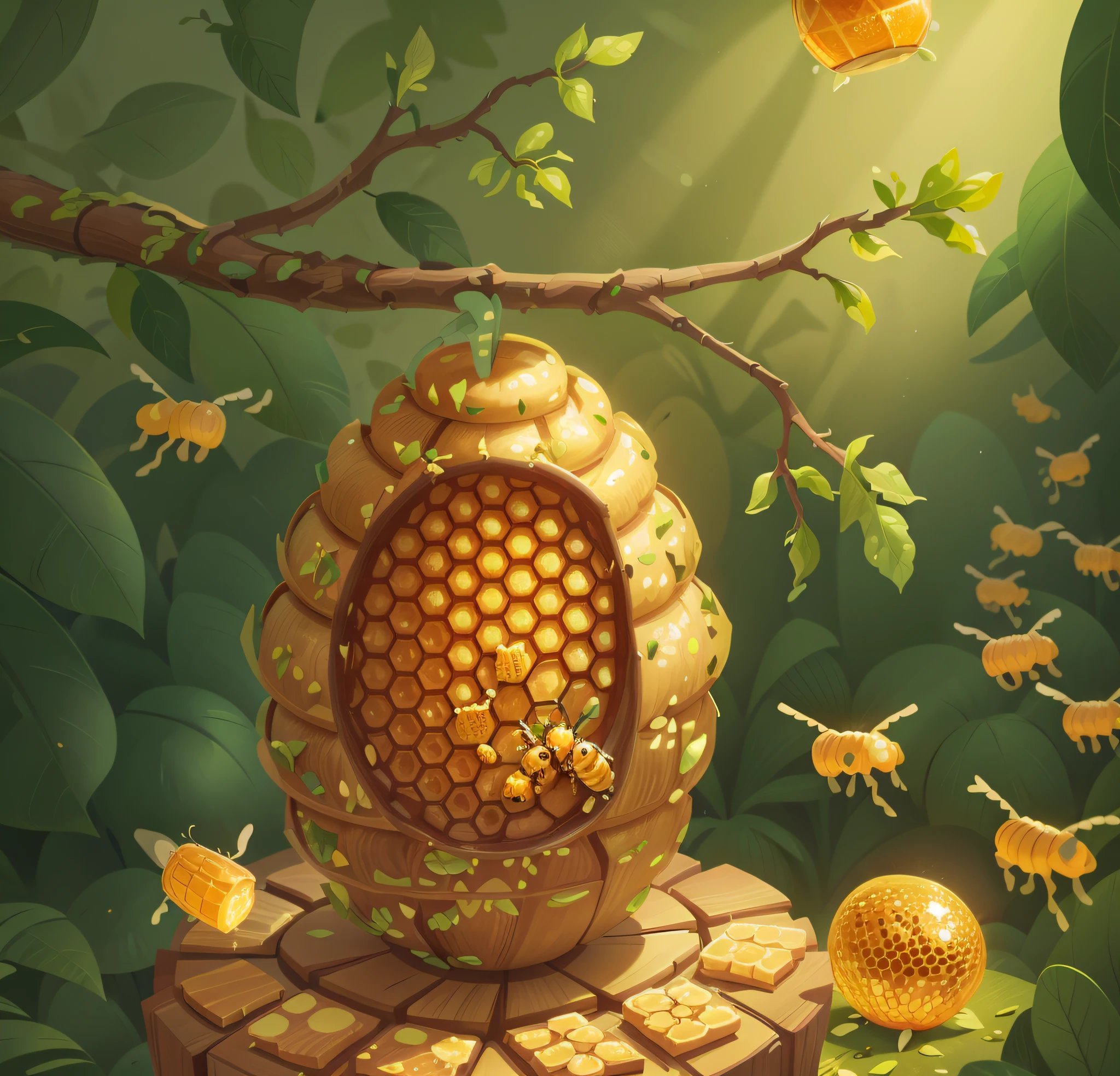 beehive,There is a green leaf on it, ,honeycomb, Honey and honeycombs, honeycomb background,clip art, honeycomb structure, Ul, made of honey, beehive interior backgrounds,Cartoon illustration