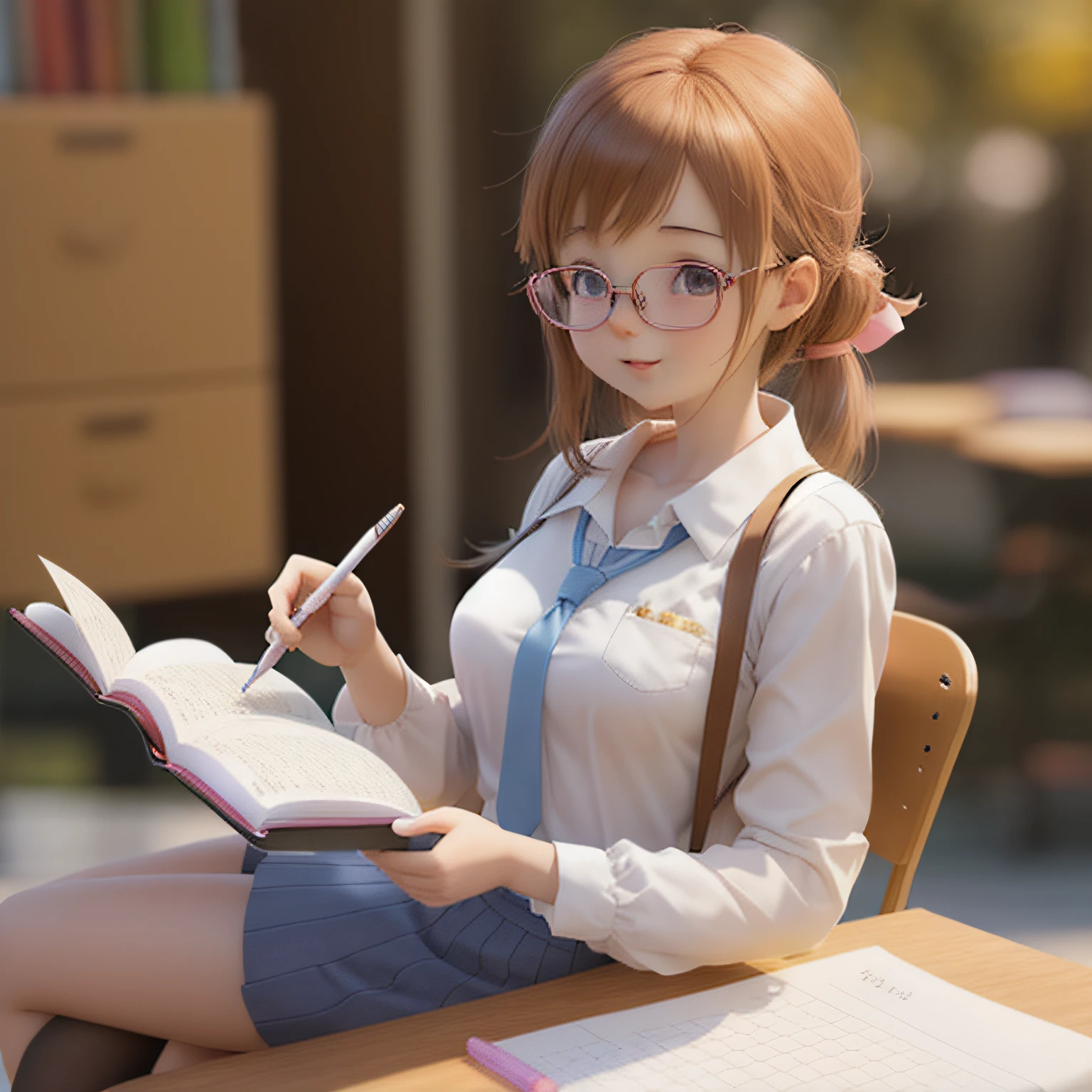 Anime characters writing in a notebook wearing a white shirt and glasses, Realistic anime 3 D style, render of a cute 3d anime girl, photorealistic anime girl rendering, Smooth anime CG art, 3 d anime realistic, anime styled 3d, 3d anime girl, Realistic schoolgirl, Surrealism female students, Surrealism female students, realistic anime artstyle
