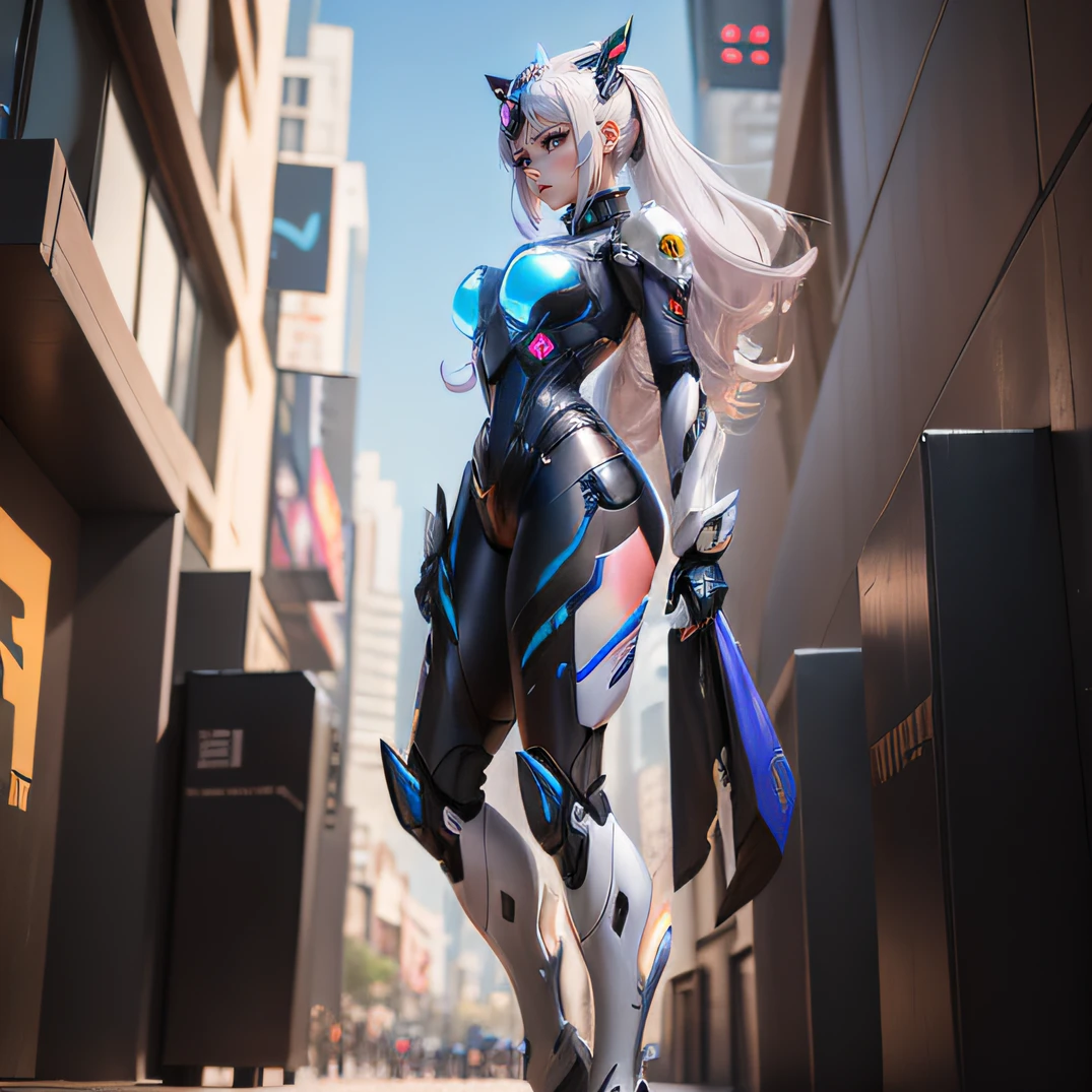 "Arad woman in futuristic suit standing on city street，girl in mecha cyber armor，female mecha，cyberpunk anime girl mech，[Popular on CGsociety]！！Mechanized Valkyrie girl，CG community and Zhongfeng Hua，beautiful girl cyborg，Mecha suit，ArtStation masterpiece，CGsociety masterpiece，perfect anime cyborg woman，Subspecies。"