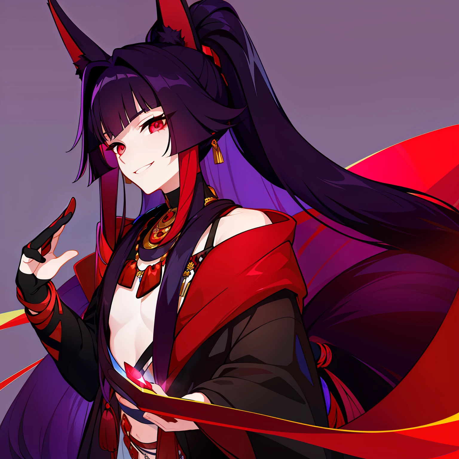 Young guy, pretty facial features, long dark purple hair, half gathered in messy ponytail, half loose, dangerous bright red eyes, black fit clothes with many jewels, fox ears and tail, mad smile