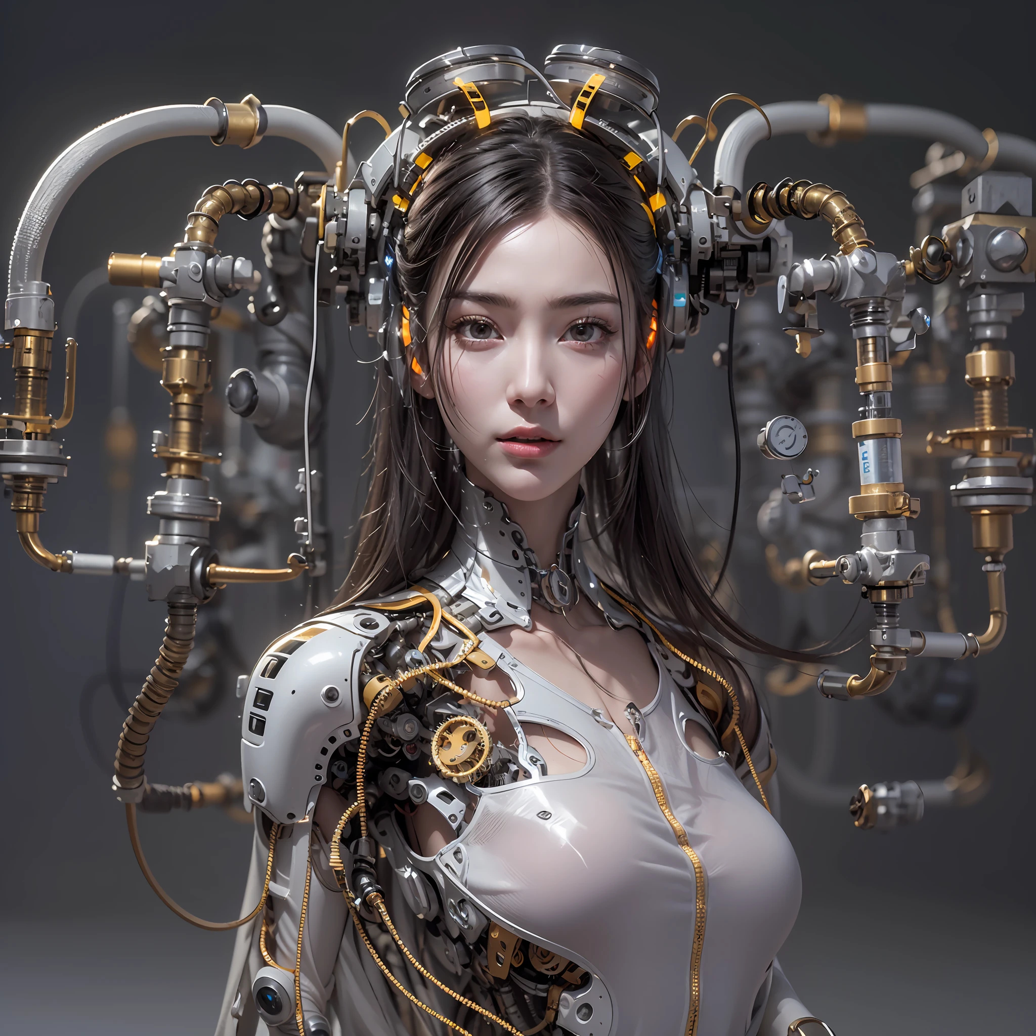 best qualtiy, tmasterpiece, Ultra-high resolution, Rendered with camera-like realism, real photograph,(((( A mechanical girl)))),((Solo)),((Perfect facial features,delicated face)),((Clean face)),((There is nothing else on the face)), highly realistically detailed, Panoramic lighting effects, Fine and accurate shading representation, rendering by octane, 8K分辨率, Reveal vivid skin details, Representation of metallic materials, Depicting vacuum tubes、Liquid tubes、oil pressure gauges、glass tubes、Simulate details such as meters, Highlight the details and movement of gears, The performance of gold hydraulic cylinders, realism light effect, Face the audience's gaze, Depict neon details in detail, Mechanized body parts, The blood vessels connected to the catheter, The mechanized spine is attached to the back, Mechanical attachment attached to the neck, Present a sitting position,Depict the wires and cables connected to the head,