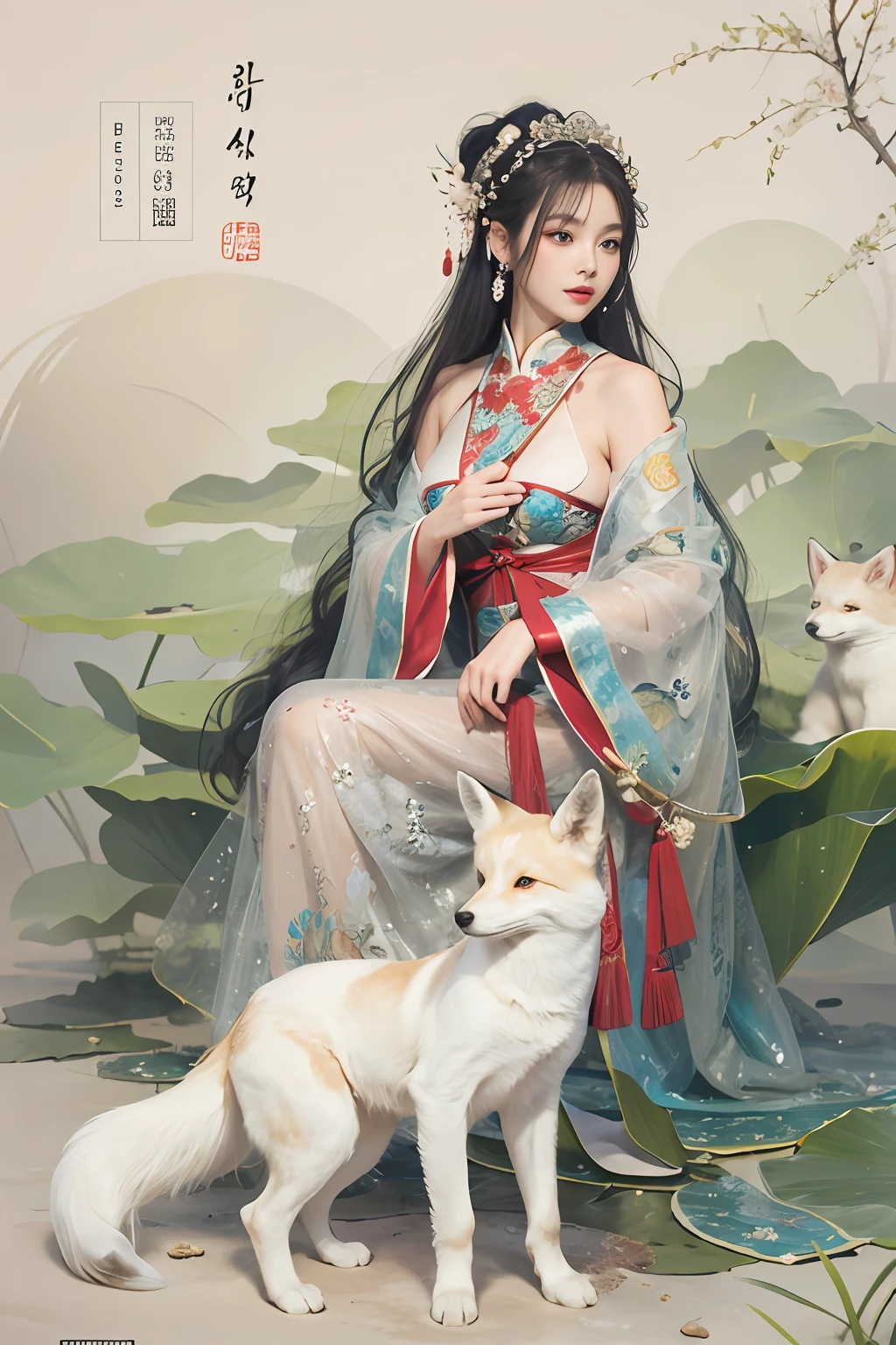 Ancient Chinese beauties sit on stones，（The beauty has fox ears on her head：1.6），(Cocked buttocks，Raised sexy，big breasts beautiful，perfect hourglass figure：1.3)，wearing ancient Chinese costume，Flowing tulle，Light silk，Lazy posture，Feminine laughter，Holding a little white fox，large lotus leaf，lotuses，clean color，Decisive cut，Leave white space，impressionistic，tmasterpiece，ultra-detailliert，Clear facial features，Epic composition, high-quality photo, HighestQuali, 4K