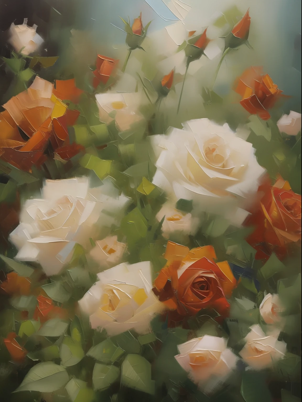 Create an oil painting in a realistic style, with a 3:4 aspect ratio. The painting should feature a profusion of flowers covering the entire canvas. The flowers should have red roses and various other types, with subtle glimpses of foliage peeking through between them.