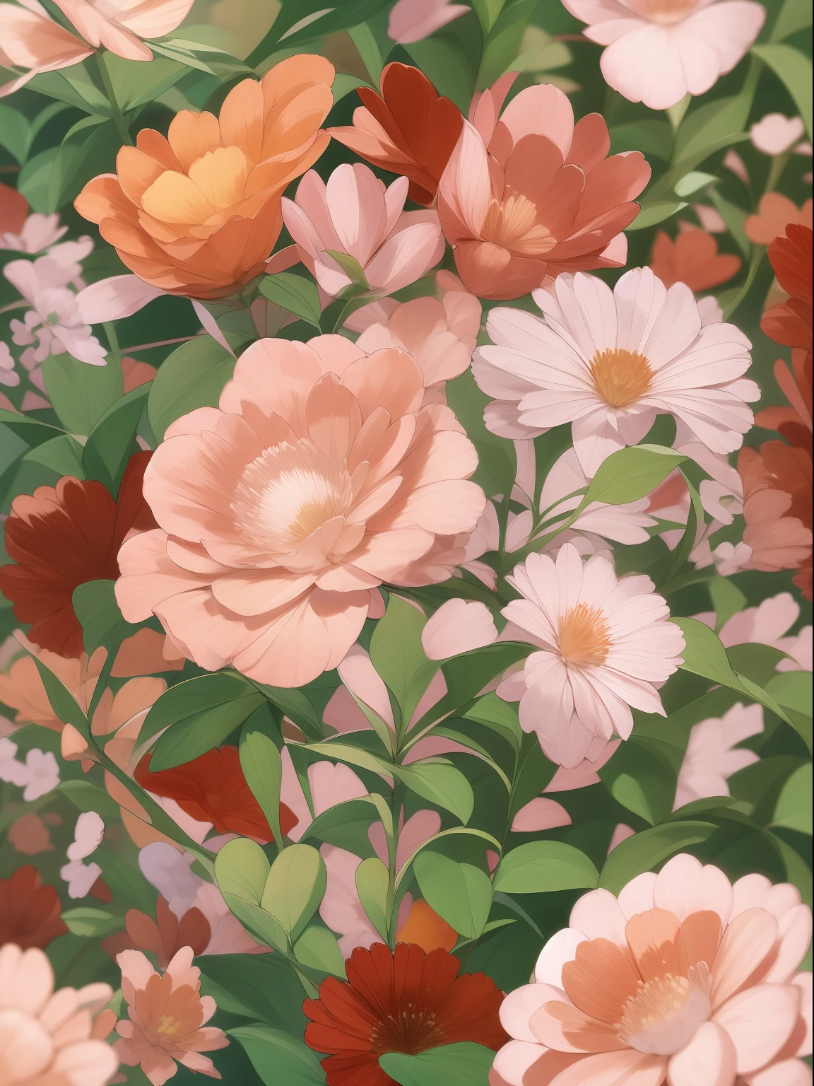 Generate a drawing，The ratio of width to height is 3 to 4，Realistic style，The picture is covered with many flowers，The branches and leaves below can be faintly seen between the flowers，The flowers contain red roses and some other varieties of flowers and greenery，The flowers in the picture contain 5 different varieties，The flowers in the picture contain at least 5 different colors。