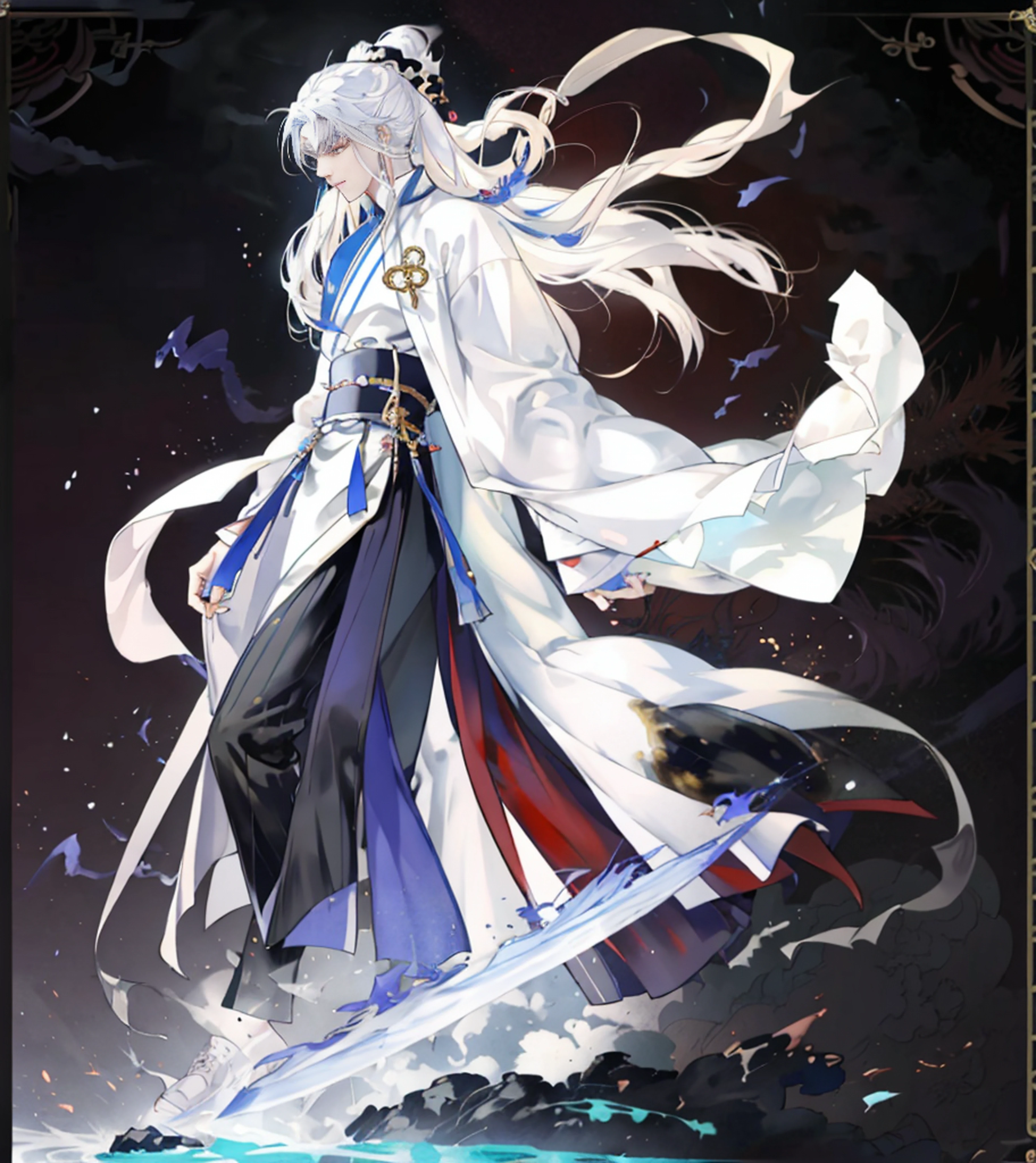 Anime character with white hair and white robe with a sword, flowing white robe, flowing hair and long robes, full body concept, clear outfit design, Flowing robes, dressed with long fluent clothes, concept art of a monk, made with anime painter studio, anime style character, Taoist，Game standing drawing，ancient wind，frontage，Xianxia，Blank background，
