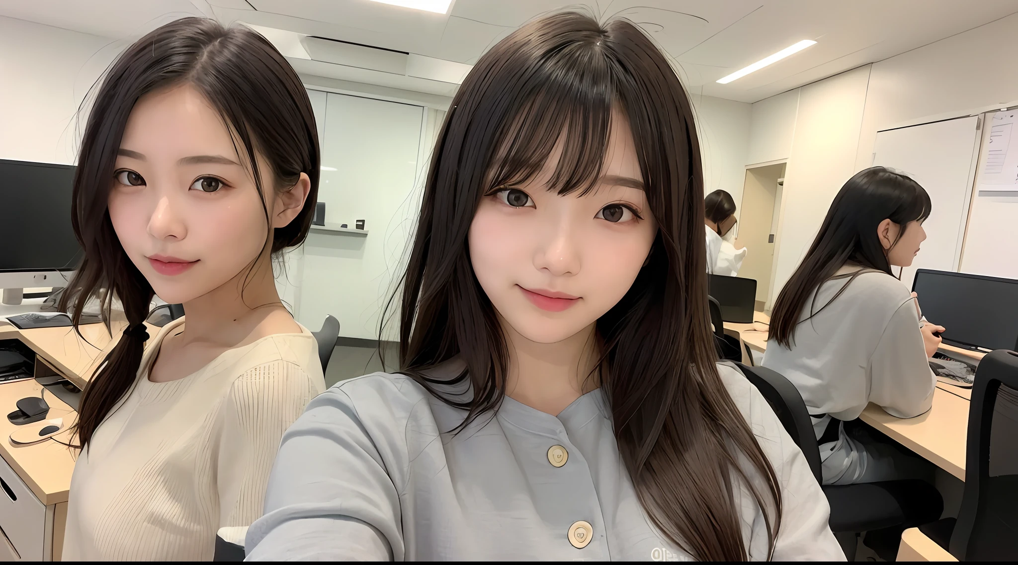 1人、Women around 27 years old、garments(tunique）、hairstyle on(A dark-haired、One knot）、a picture、realisticlying、top-quality、adopt、A detailed face、s Office、a desk、细致背景、diffuse sunlight、depth of fields、独奏