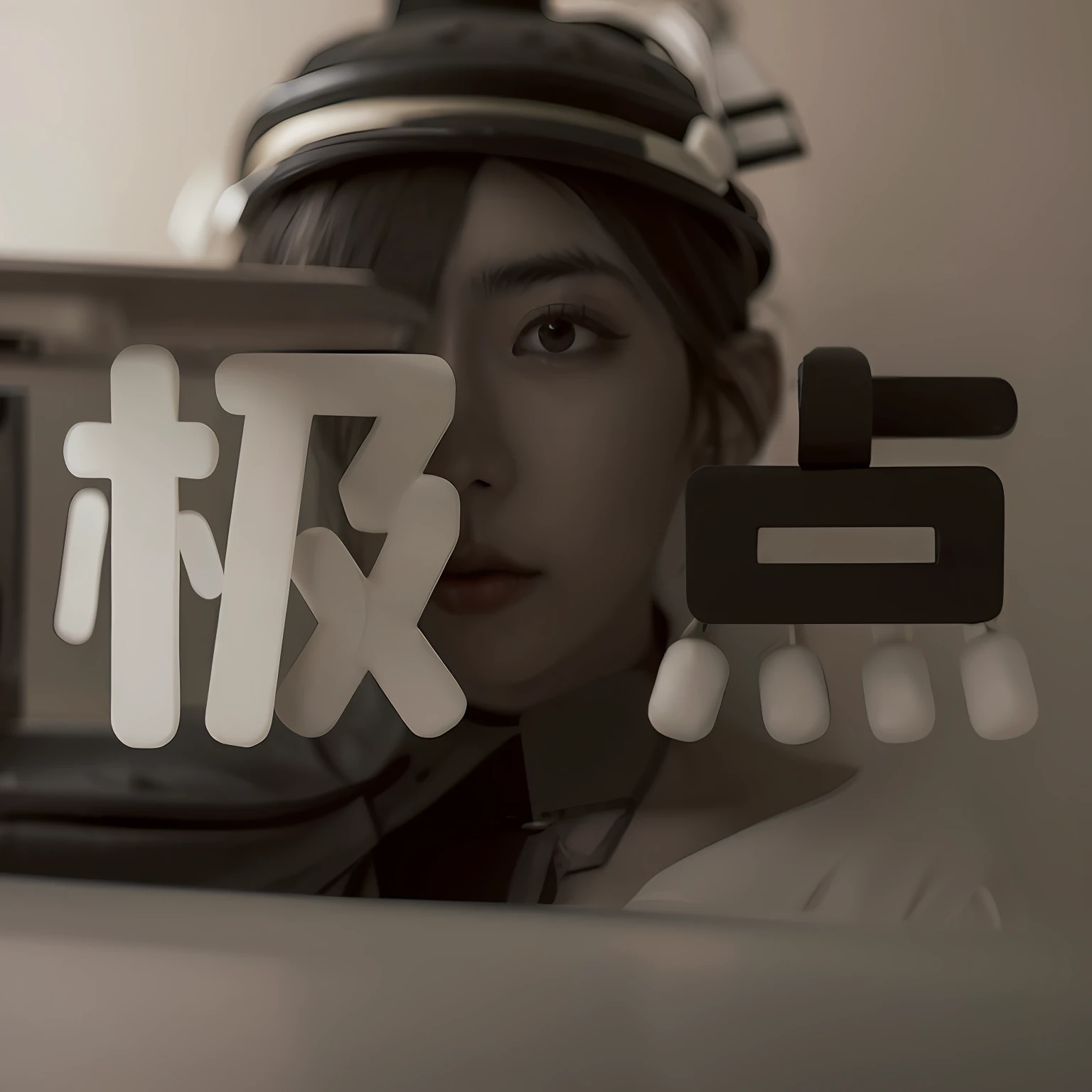Close-up of a black and white photo of a person and a chair, Title kanji, japanese text kanji, Japanese typography, japanese text, shintoism, japanese kanji, Chinese text, The Chinese characters, in style of ruan jia, artwork in the style of z.Show on the. gu, inspired by Sō Shiseki, Japanese text attached
