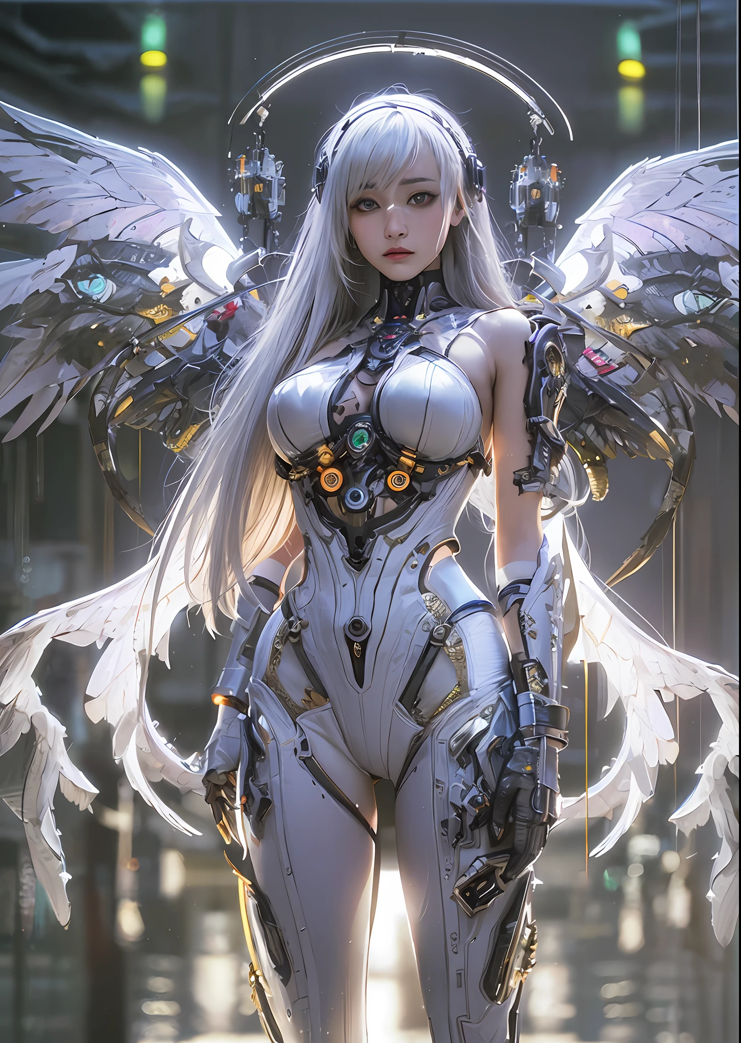 top-quality、masterpiece、超A high resolution、(Photorealsitic:1.4)、Raw photo、Steampunk Cyborg Angel、large wings made of metal、White porcelain body、white hair、glowy skin、1 Cyborg Girl、((super realistic details))、portlate、globalillumination、Shadow、octan render、8K、ultrasharp、character edge light,Colossal tits、Raw skin is exposed in cleavage、Details of complex ornaments、Acrylic Clear Cover、Sumerian details、Hydraulic cylinder、Small LED lamp、highly intricate detail、Realistic light、a purple eye、radiant eyes、Facing the camera、neon details、cowboy shot、Futuristic headgear、About Cyberpunk、、