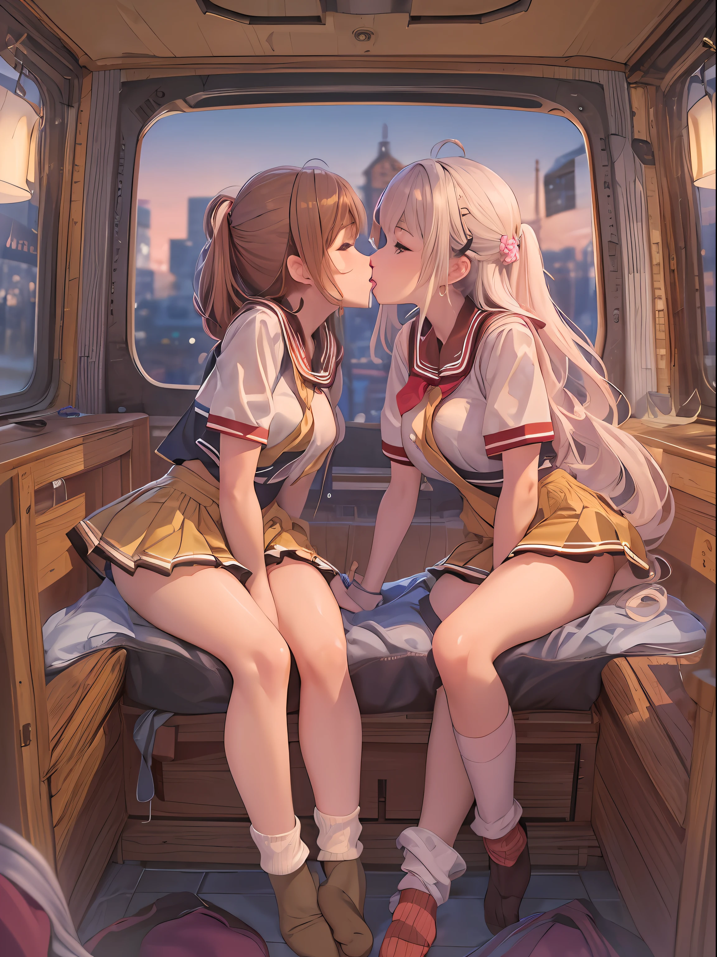 ​master piece,hyper quality, Hyper Detailed,Perfect drawing,nffsw,3D,8K,Two anime beautiful girls kissing while pressing their breasts against each other
Two beautiful girls from anime staring at each other from the front, Pressing each other's breasts、embrace each other
Japanimation　Moe Anime Beautiful Girl　Kogal　Brown skin　Loose socks(Buggy socks:1.5)　gal make　a sailor suit　a miniskirt(0.8)　Luxury underwear、I can see my panties、Bedrooms、indirect lighting、Night view outside the window、beatiful backgrounds、Detailed drawing、Accurate drawing、clearface,Perfect illustration、