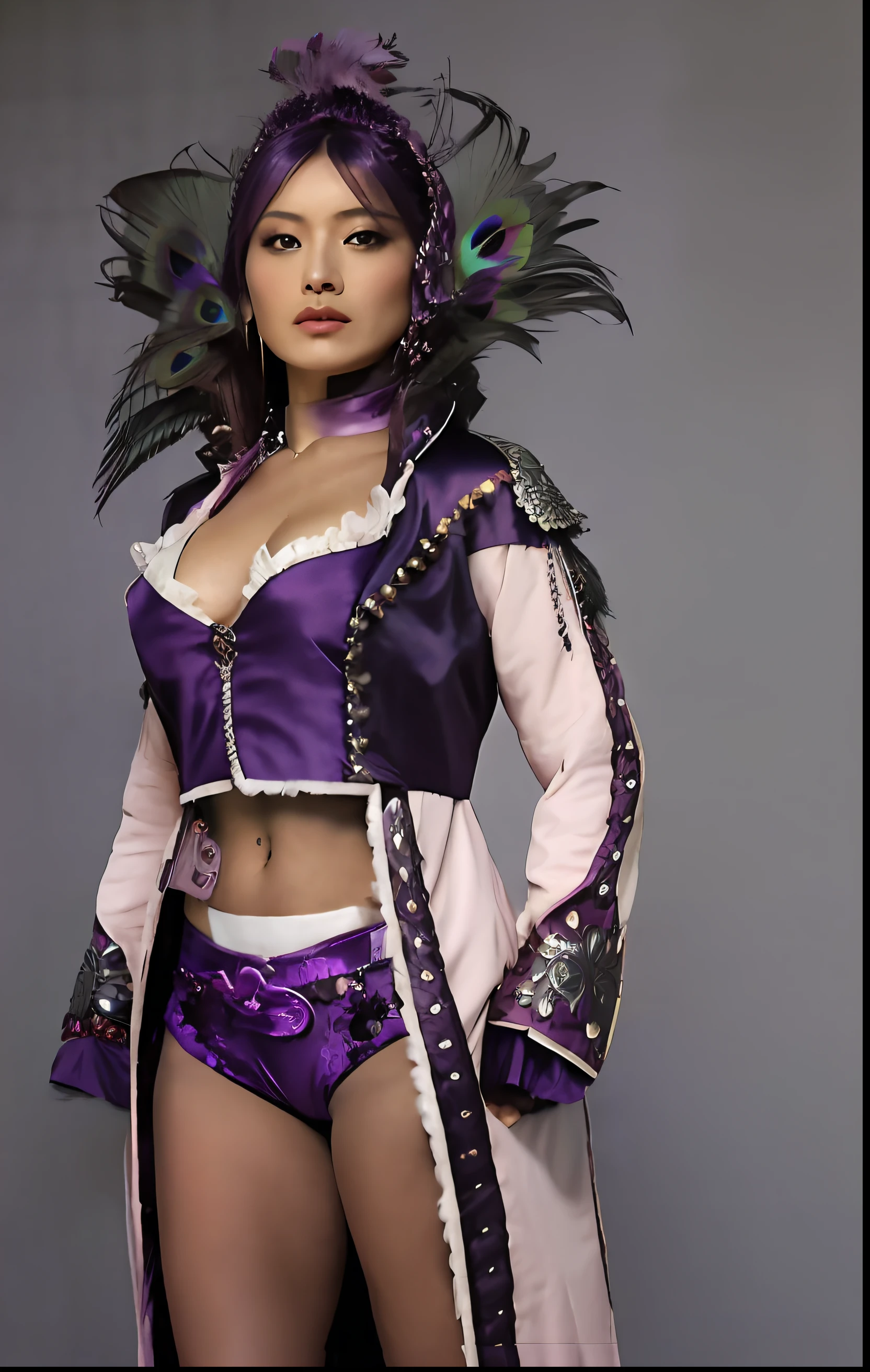 Une femme en tenue violette et plumes pose, Kelly Hu ,Poser pour un combat complexe, diesel punk female, wearing a purple detailed coat, Peacock-themed clothing, alluring mesmer woman, Ornate cyberpunk dresses, in clothes! highly detailed, dark purple and cybernetic hair, Saints Row Fursuit Tails Mod, robe. extremely high detail