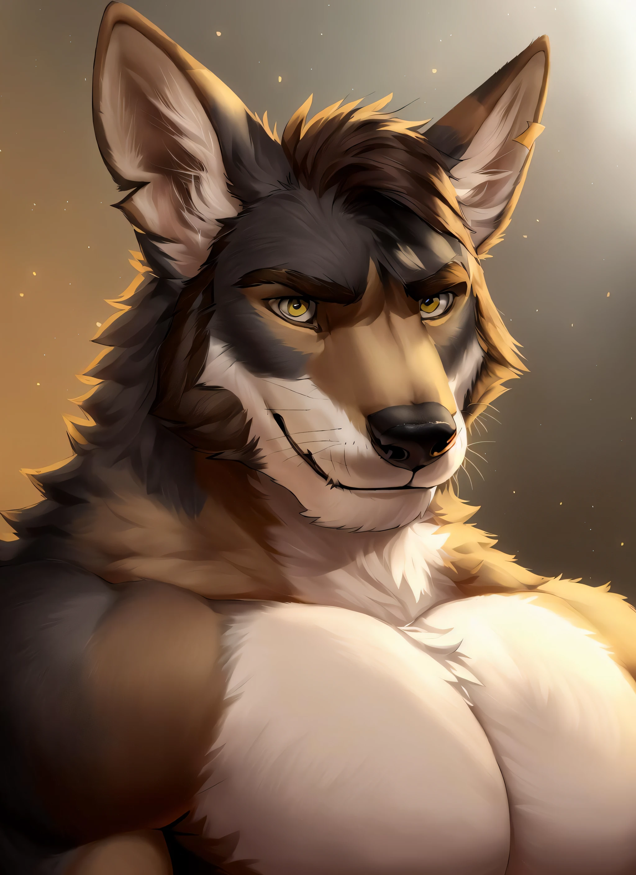 william adler, solo, mature male, bara, muscular male, wolf tail, yellow eyes, smile, (pose:1.3), (posing:1.3), (soft shading), 4k, hi res, ((detailed face, detailed eyes, detailed)), (full body), by zackarry911, by zaush, (by personalami:0.5), solo, looking at viewer, smile, 1boy, yellow eyes, upper body, male focus, fangs, scar, portrait, scar on face, portrait, close-up, (detailed eyes:1.5)