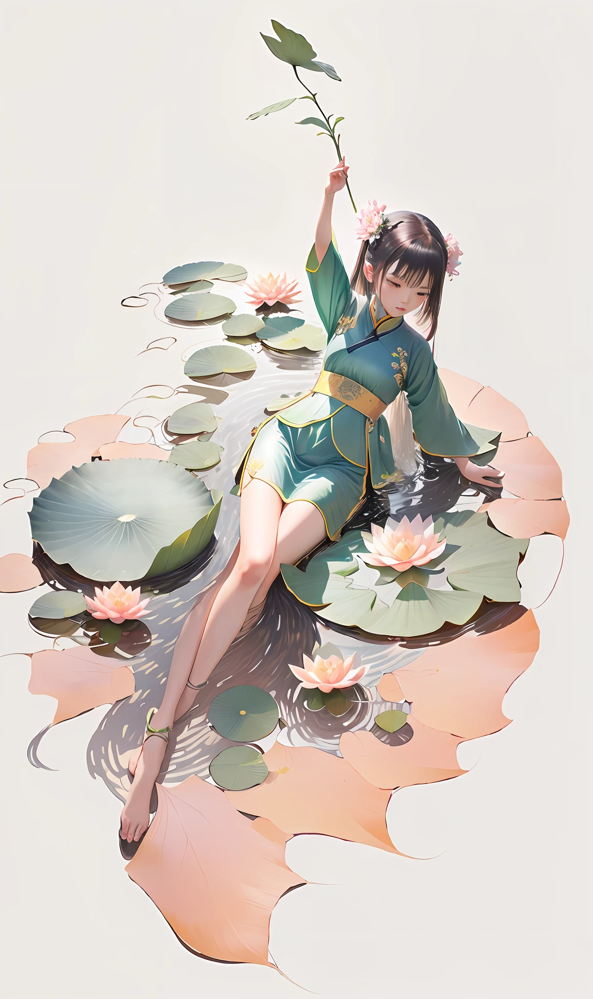Lixia solar term illustration, Chinese solar terms, gradient background, little girl in lotus flower in lotus pond, lotus flower and lotus leaf --auto --s2