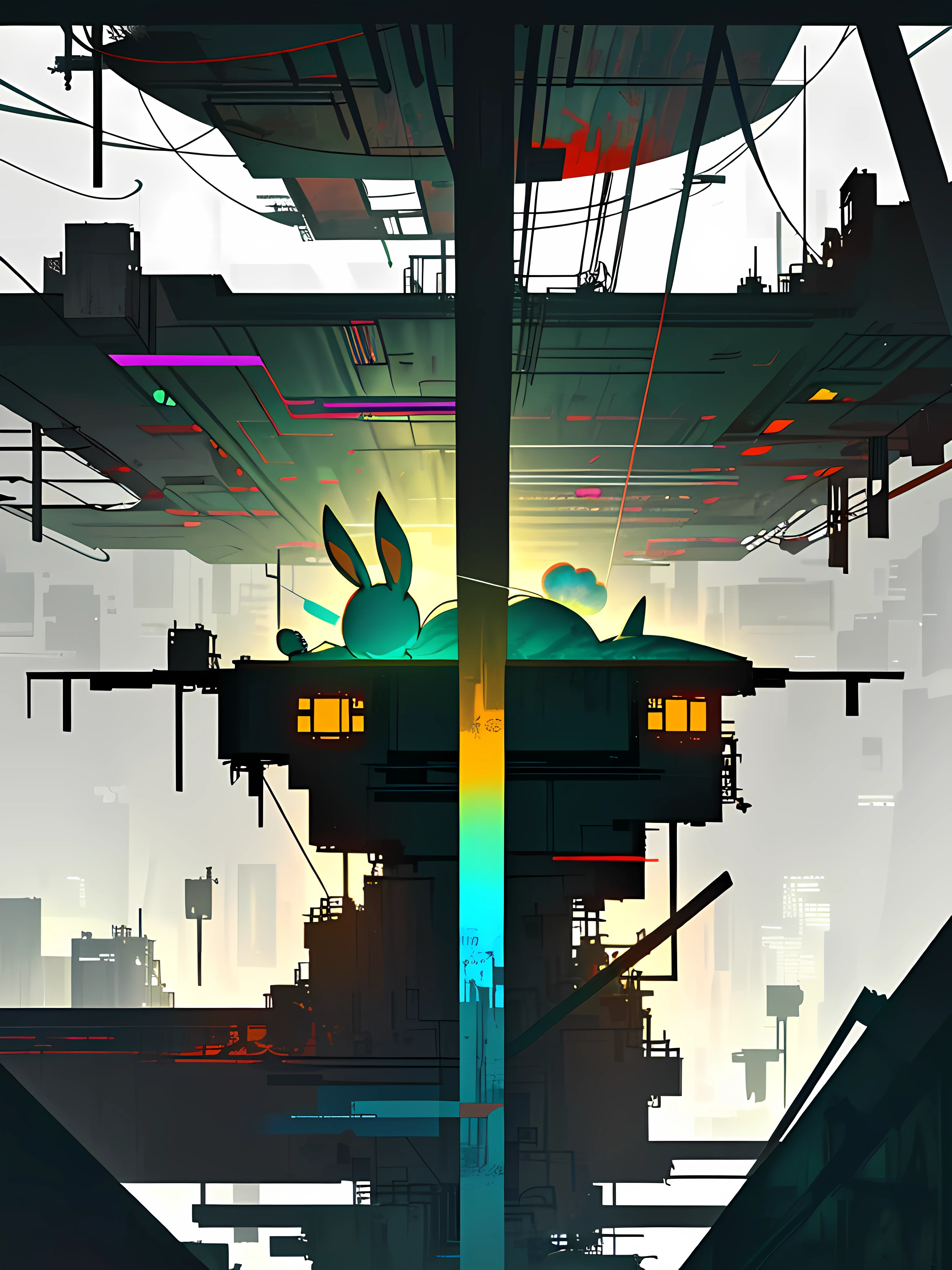 (blame! style abandoned tech landscape), (Zen, Amy Sol style), (underground, dark, foggy, perilous, abandoned dystopian apartment bedroom, deep windows), (abstract anthro rabbit figure wearing bunny ears), cover art with light abstraction, abstract, simple vector art, contemporary Cybernetic art, color gradients, soft color palettes, layered forms, whimsical animation, style Ethereal abstract, 4K, --v6