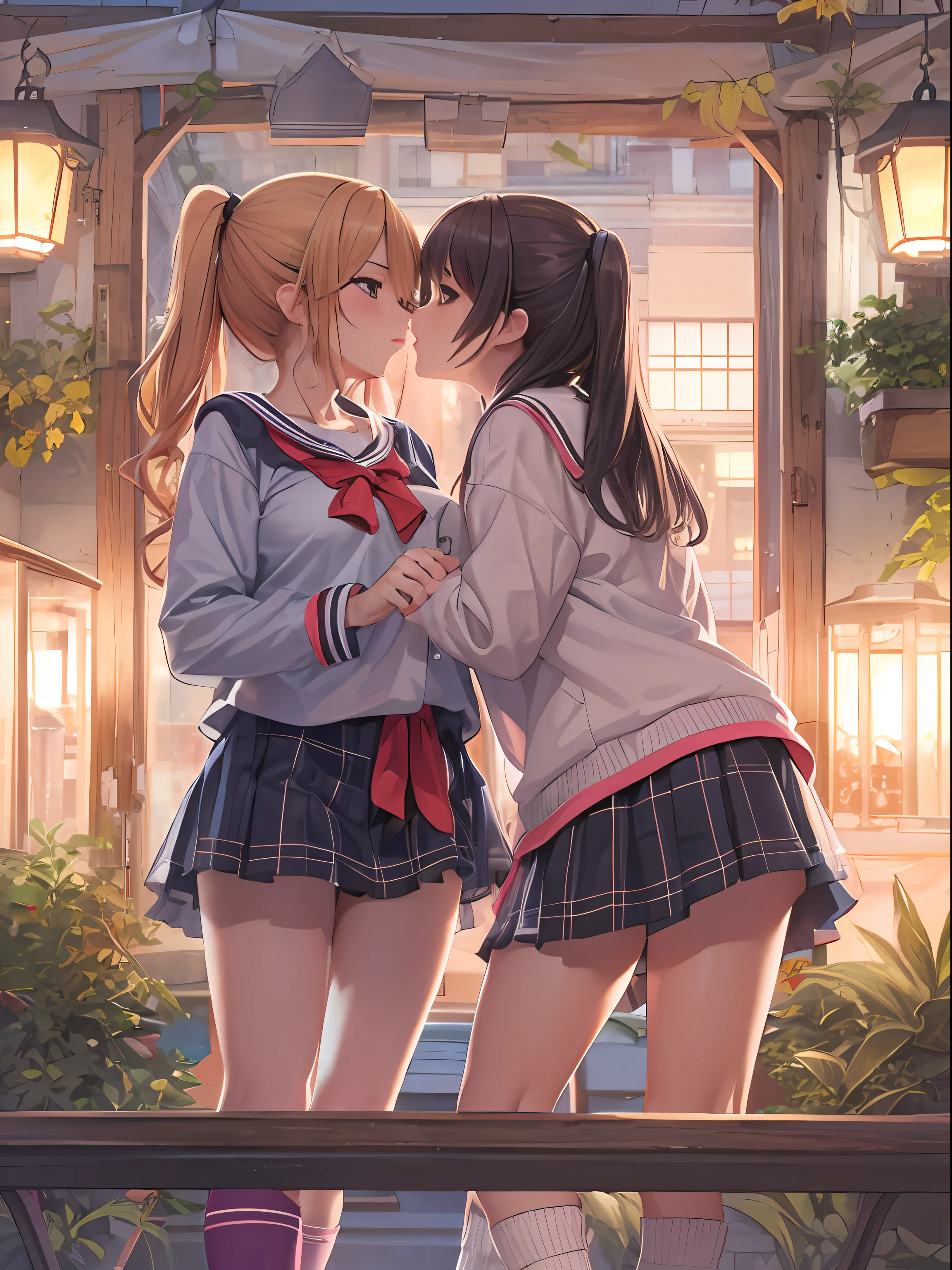 ​master piece,hyper quality, Hyper Detailed,Perfect drawing,nffsw,3D,8K,Two anime beautiful girls kissing while pressing their breasts against each other
Two beautiful girls from anime staring at each other from the front, Pressing each other's breasts、embrace each other
Japanimation　Moe Anime Beautiful Girl　Kogal　Brown skin　Loose socks(Buggy socks:1.5)　gal make　a sailor suit　a miniskirt(0.8)　Luxury underwear、I can see my panties、Bedrooms、indirect lighting、Night view outside the window、beatiful backgrounds、Detailed drawing、Accurate drawing、clearface,Perfect illustration、