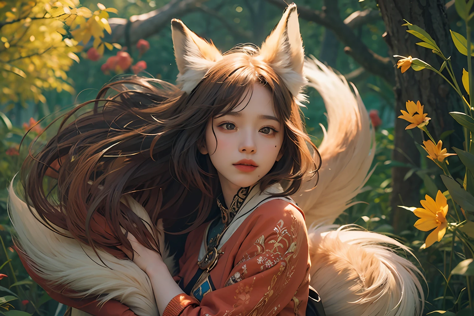 A female protagonist with a mystical aura embracing her fox-like spirit in a mesmerizing and enchanting world.