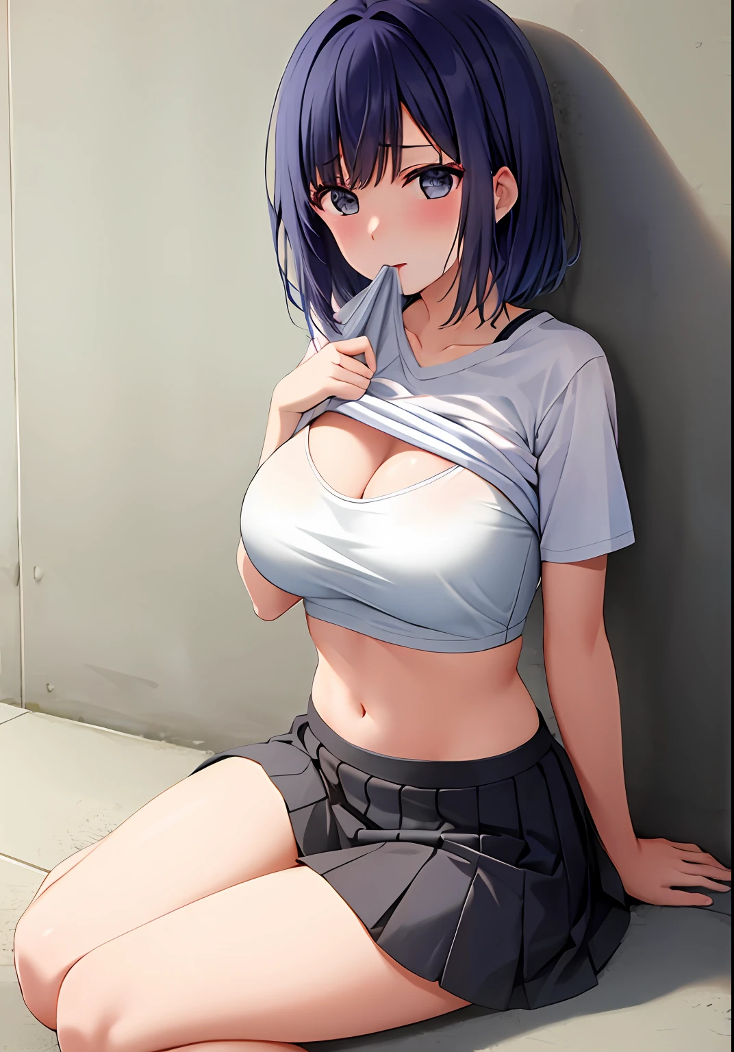 1Akane kurokawa, large breasts,clothes in mouth, cleavage, navel, t-shirt, ((bra)),clothes lift, shirt in mouth, skirt, lying, full Body,sexy body,sitting
