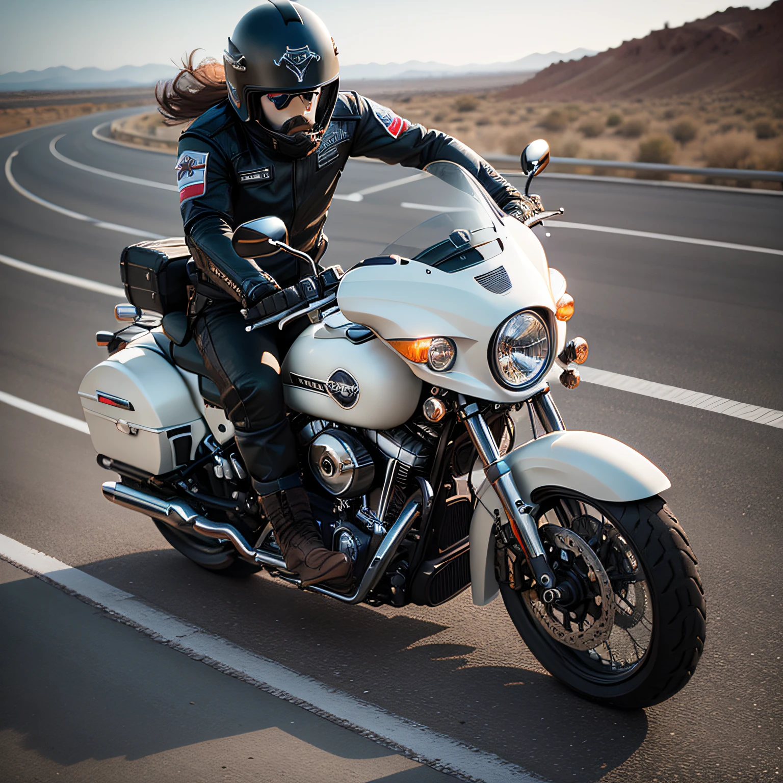 mtu,Harley motorcycles,German helmet,M35 helmet,Determined face,sbeard,On the highway,Digital SLR camera shooting,Detailed details,cinematic photogtaphy,max detail,4k,Canon camera,hyper HD,Cinematic artistic sense