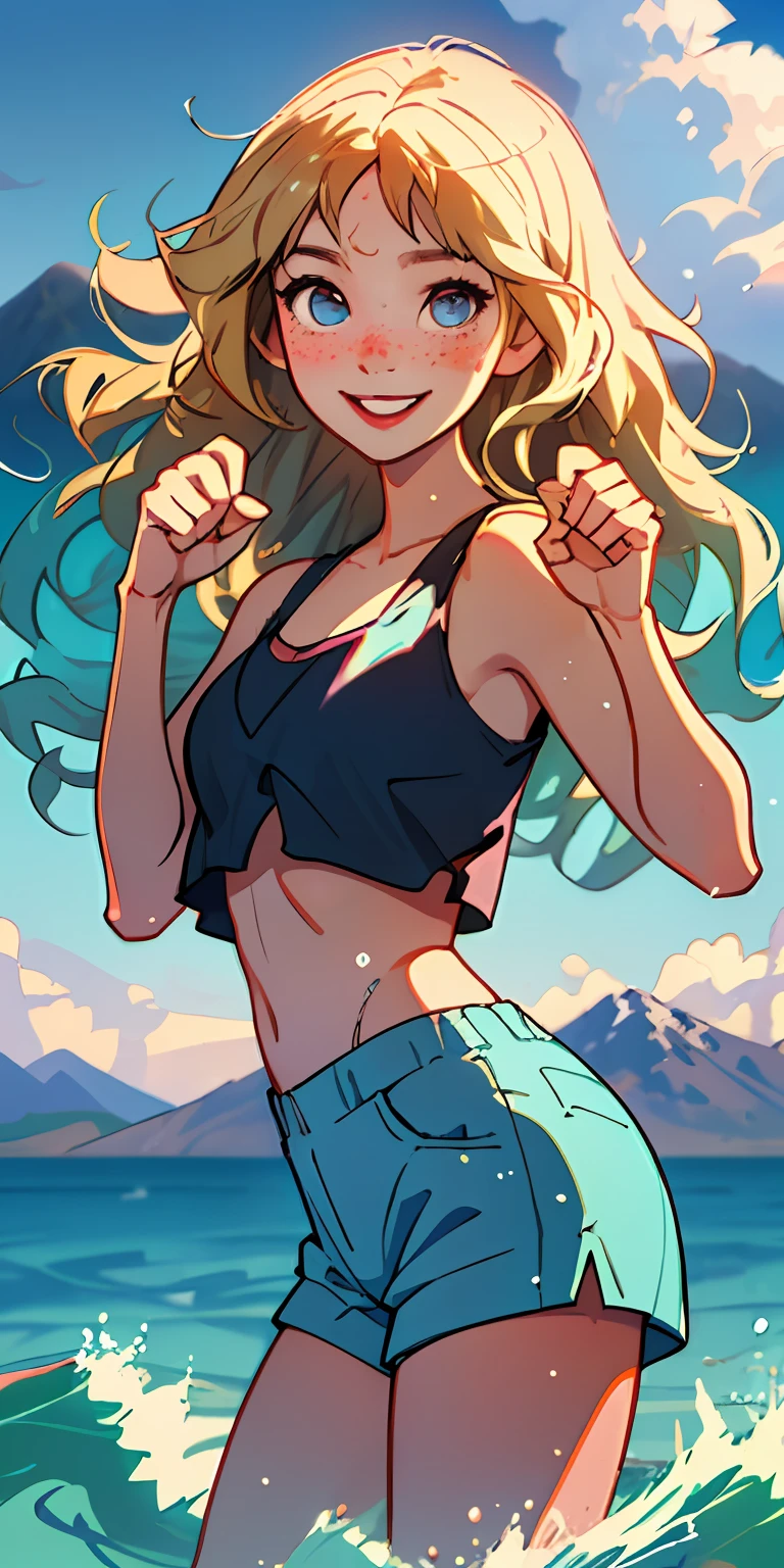 (best quality, masterpiece), 1girl, paw pose, smile, laughing, ocean, crop top, shorts, blonde, freckles, blush, looking at viewer, wavy hair, cloud, splashing, waves, sun, mountain, wet