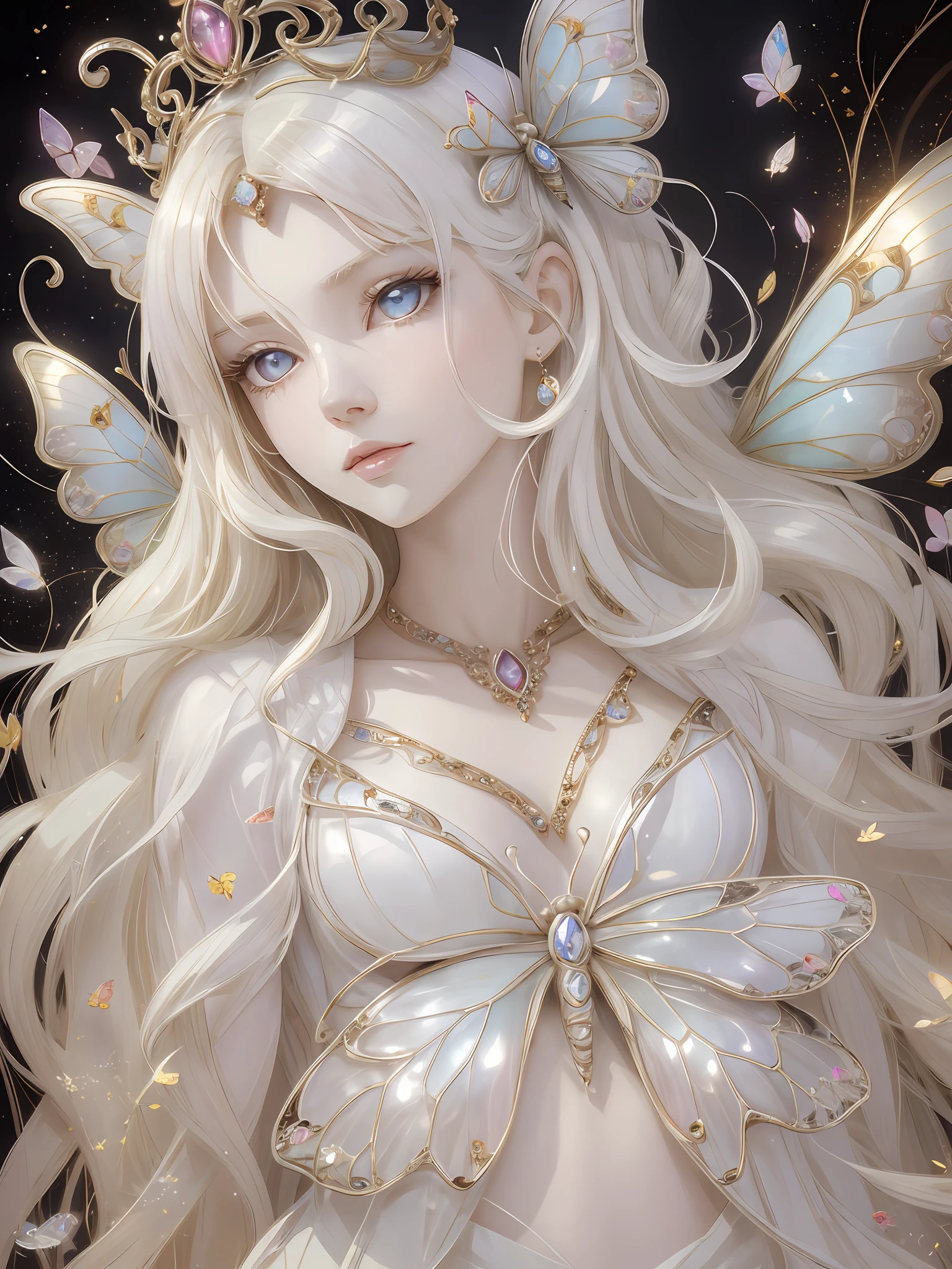 1 woman with a crown，Above the waist，Beautiful and elegant butterfly queen, Guviz, Fantasy art style, 8K high quality detailed art, Butterfly Lord, Beautiful and seductive butterfly princess，digital fantasy art , ellegance, (long  white hair，White-colored skin，The skin is translucent white，sparkle in eyes，Wearing plain white clothes，beautiful  face，Lonely pale face，Particle，Glow，Guviz-style artwork, WLOP Art,