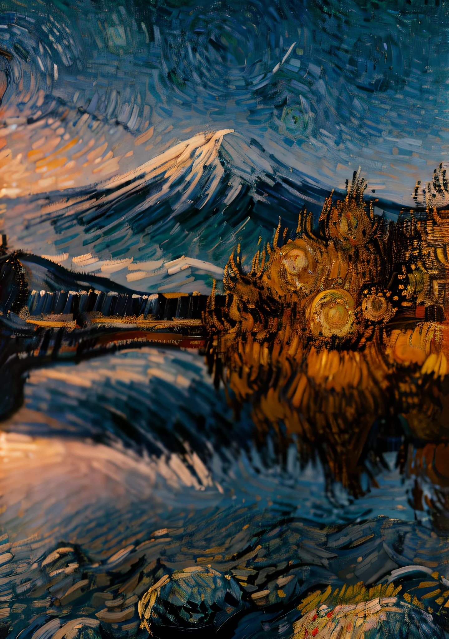 Van Gogh style，Van Gogh style，van gogh art style，inspired by Vincent Lefevre，Vincent Van Gogh style，at starrynight，van gogh painting，4k highly detailed digital art，in the style of van gogh，Inspired by Van Gogh，Vincent van Gogh!!!,star night，Detailed painting 4 K，Mt fuji，the setting sun