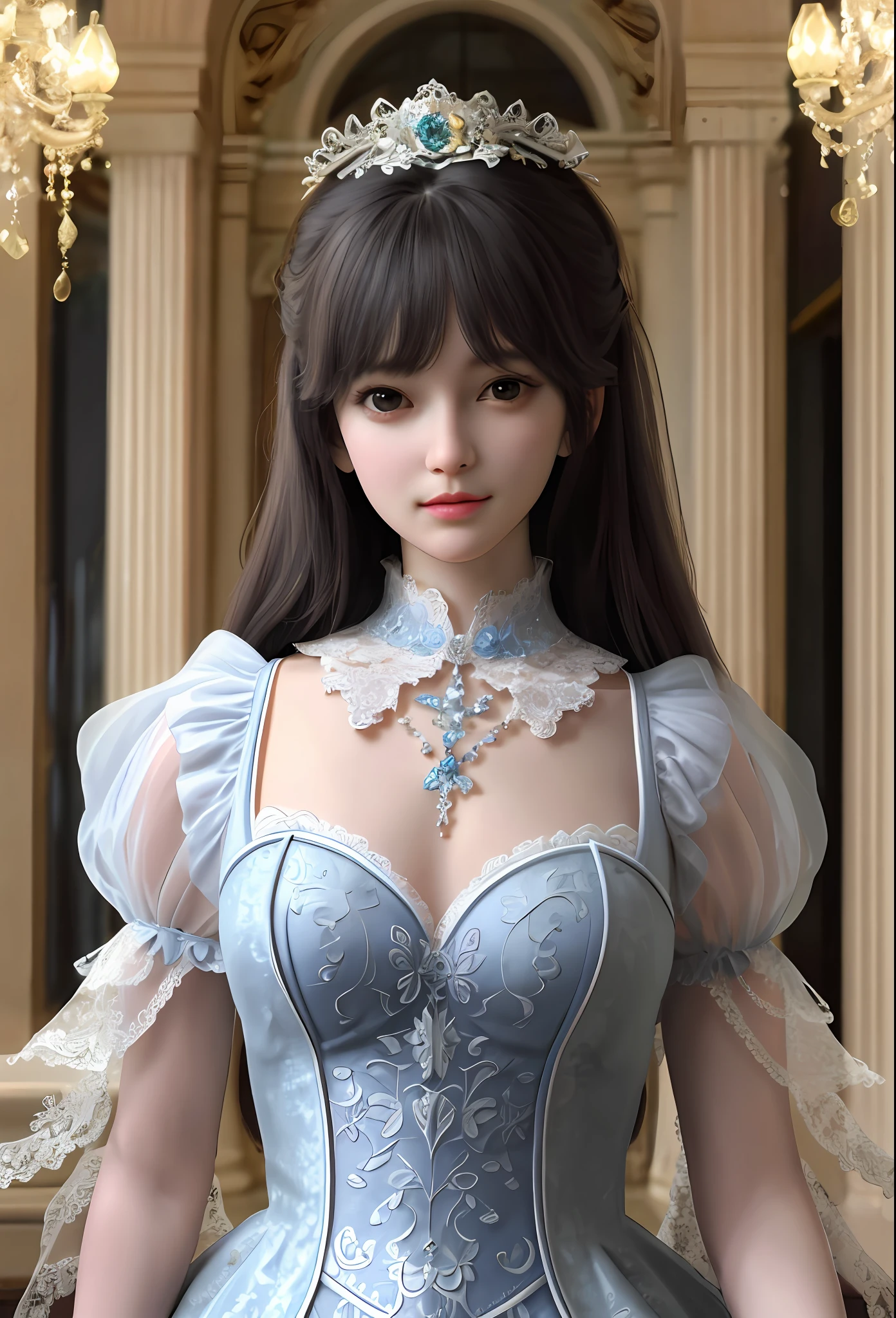 1girl, looking at viewer,
upper body, 3D, realistic,
large breasts, excessively frilled princess dress, draped clothes, jewelry, ornament, flower, lace trim,
masterpiece, best quality, 8k, detailed skin texture, detailed cloth texture,  beautiful detailed face, intricate details, ultra detailed,
rim lighting, side lighting, cinematic light, ultra high res, 8k uhd, film grain,best shadow, delicate, RAW