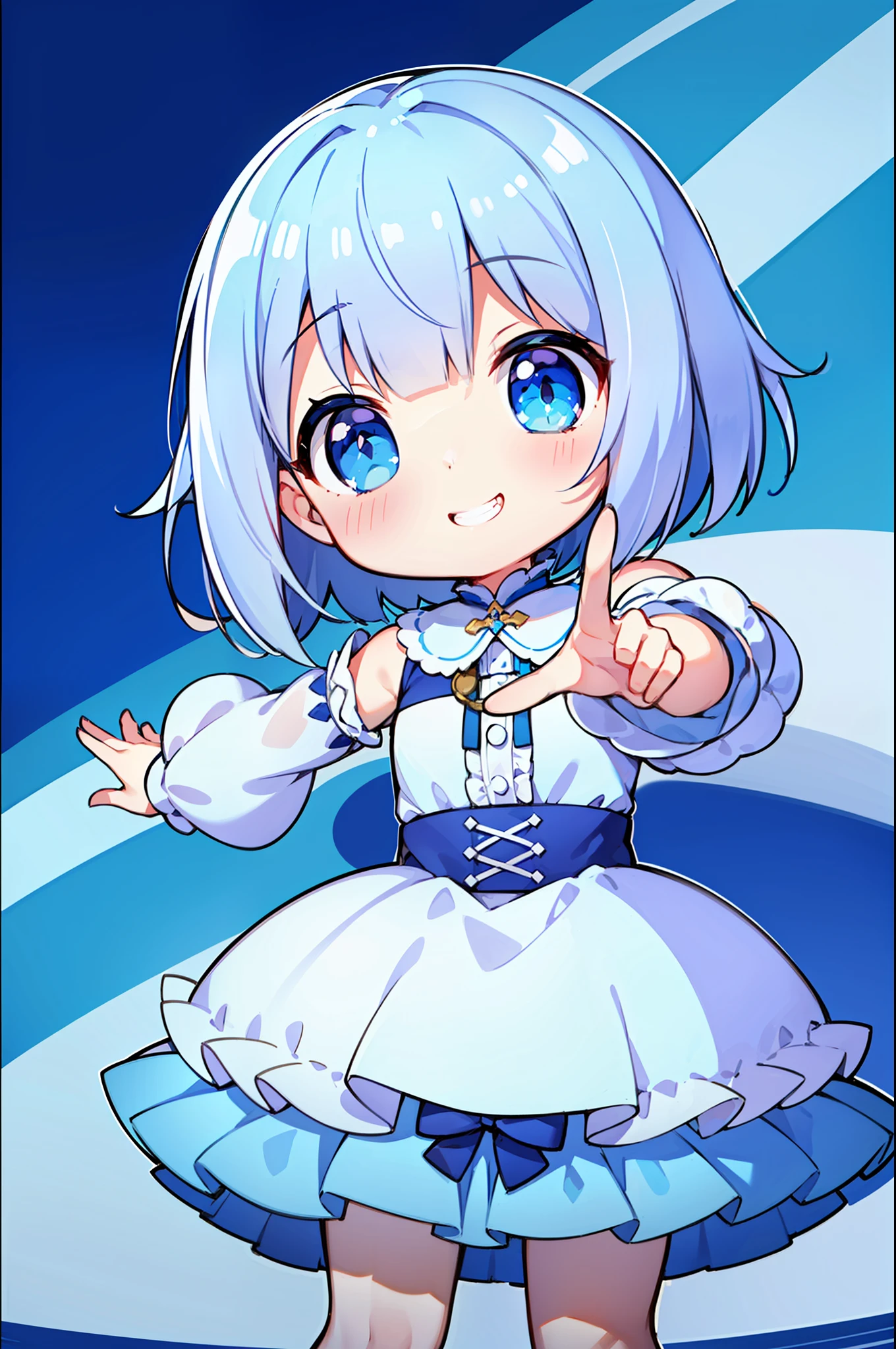 1 girl in、Light blue shortcut、bob cuts、Blue eyes、Fluffy clothes、Clothes with a lot of frills、Pieces by hand、片手で✌️、(((piece)))、Grinning smile、white backgrounid、Chibi、Chibi Chara、((Masterpiece Highest Quality:1.2))、(High resolution of the highest quality)、[[bad face]], [[Fused fingers]], [[multiple limbs]]