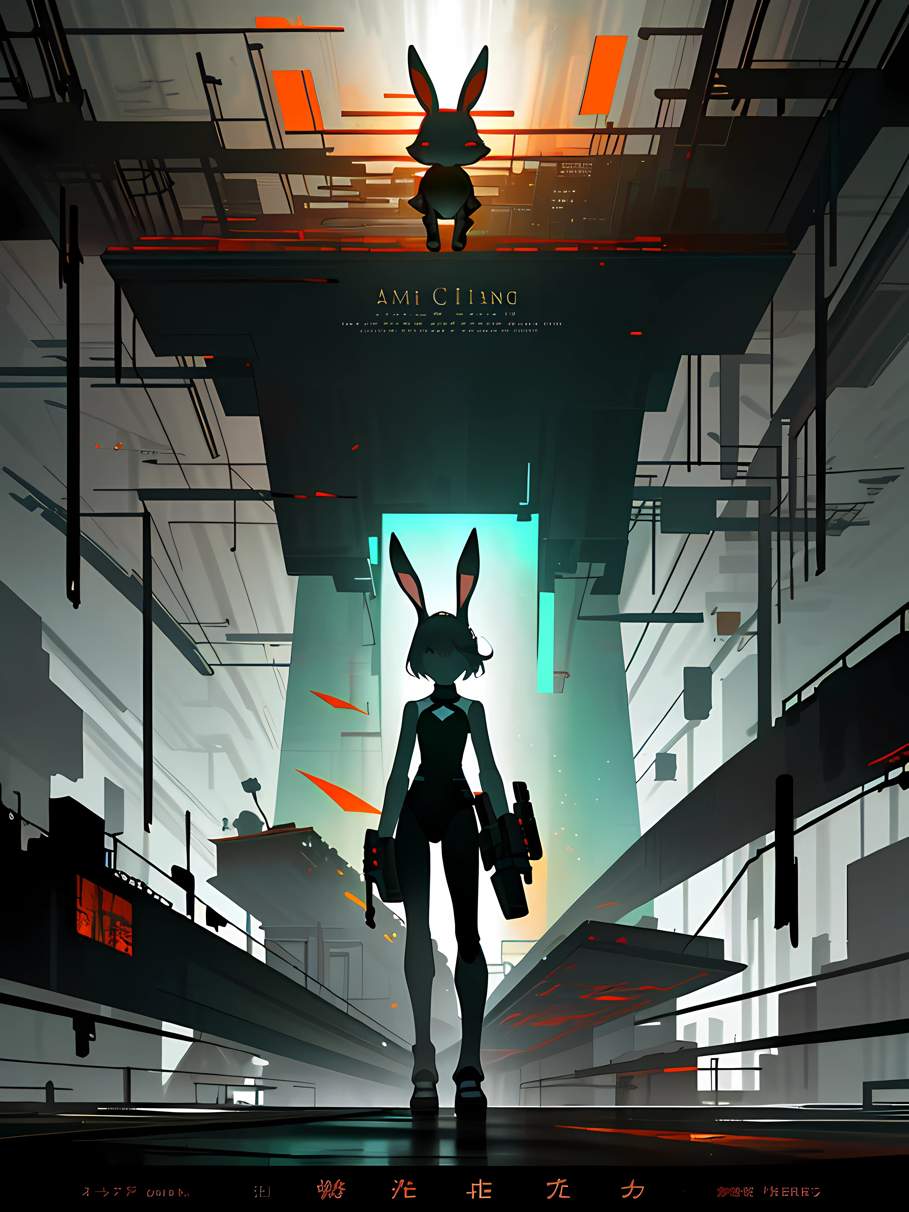 (blame! style abandoned tech landscape), (Zen, Amy Sol style), (underground, dark, foggy, perilous, abandoned dystopian apartment bedroom, deep windows), (abstract anthro rabbit figure wearing bunny ears), cover art with light abstraction, abstract, simple vector art, contemporary Cybernetic art, color gradients, soft color palettes, layered forms, whimsical animation, style Ethereal abstract, 4K, --v6