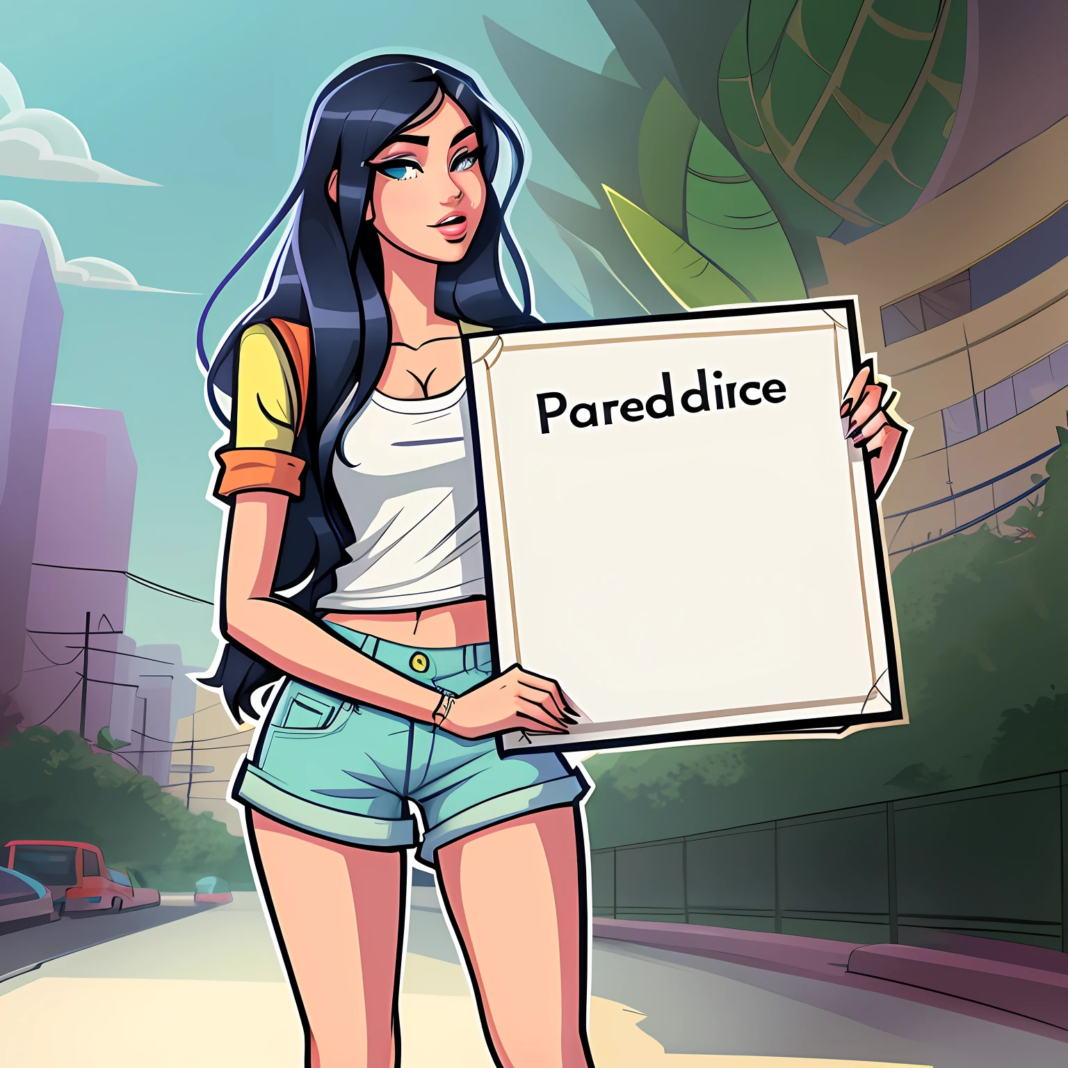 cartoon girl holding a sign with the word lazy paradise written on it, urban girl fanart, cartoon style illustration, cartoon artstyle, subject action: holding sign, subject action : holding sign, tall female emo art student, woman holding sign, no gradients, androgynous person, infp young woman, stylized urban fantasy artwork, random artist, art student