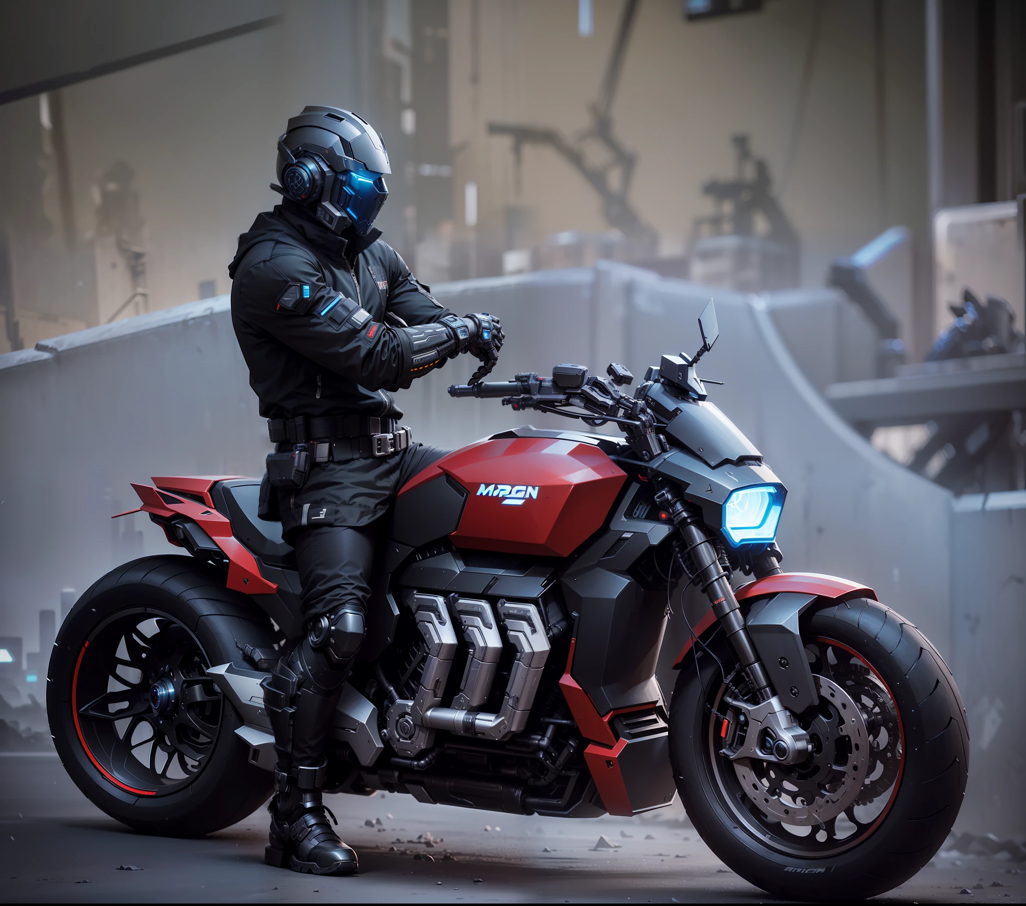 Handsome cyberpunk mech warrior,Black cyberpunk mech costume,High-tech black full enveloping helmet,Biomechanicals, MSHN Robot Man,High-tech helmet,hyper realisitc, Steel, Complex design, insanely details, finely detailled, Extremely clear lines, cinmatic lighting, photograph realistic, A detailed masterpiece