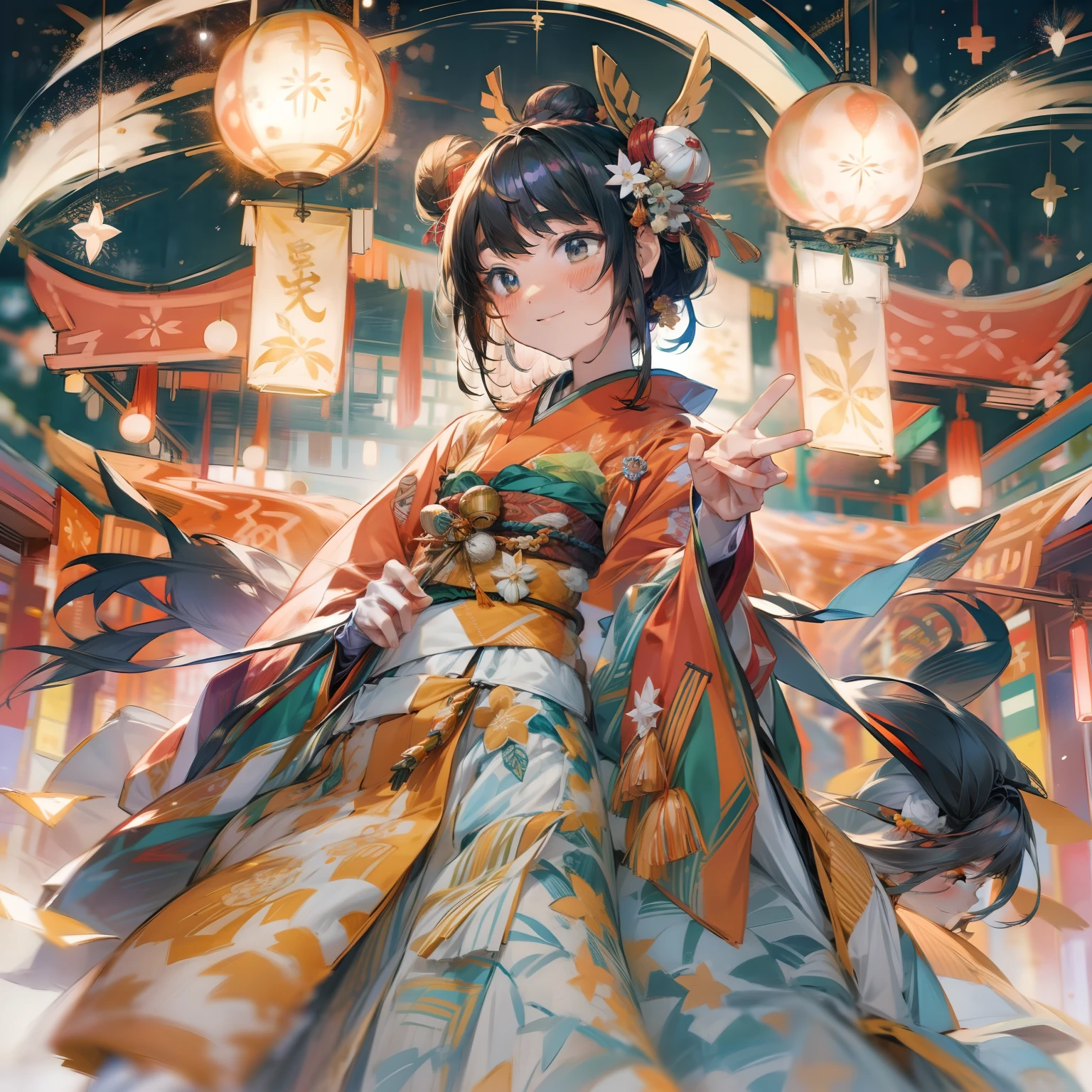 8K、Illustration of the night festival drawn in ultra-high definition detail。The subject is1Young woman in beautiful kimono of man。Hair should be long and hung on one side、It has a small ornament like bun hair.。She stands in a graceful pose、In the hand hold fireworks。
In the background, a vast festival venue spreads out、Food stalls and illuminations shine brightly、Fireworks light up the night sky。a person々roams around lively、It is filled with a festive atmosphere。
The pose is elegant and、Holding fireworks in both hands。The left arm is pulled back.、The right arm is in a posture that seems to be pulled forward。
The costume is a beautiful kimono、The pattern is gorgeous and symbolizes the festive atmosphere.。Small ornaments and obi knots are also finely designed.。
His expression is calm and elegant.、It expresses a feeling of happiness。
The composition is centered on the subject.、The venue of the spreading festival is depicted in the background。
The lighting is illuminated by the lights of the festival at night.、It creates a fantastic atmosphere。
The colors are vivid、The liveliness and glamour of the festival is expressed。
Effects include fireworks particles and shining stars、It highlights the festive atmosphere of the festival。
The background effect is a festival stall and illuminations.、The liveliness of the festival is emphasized。