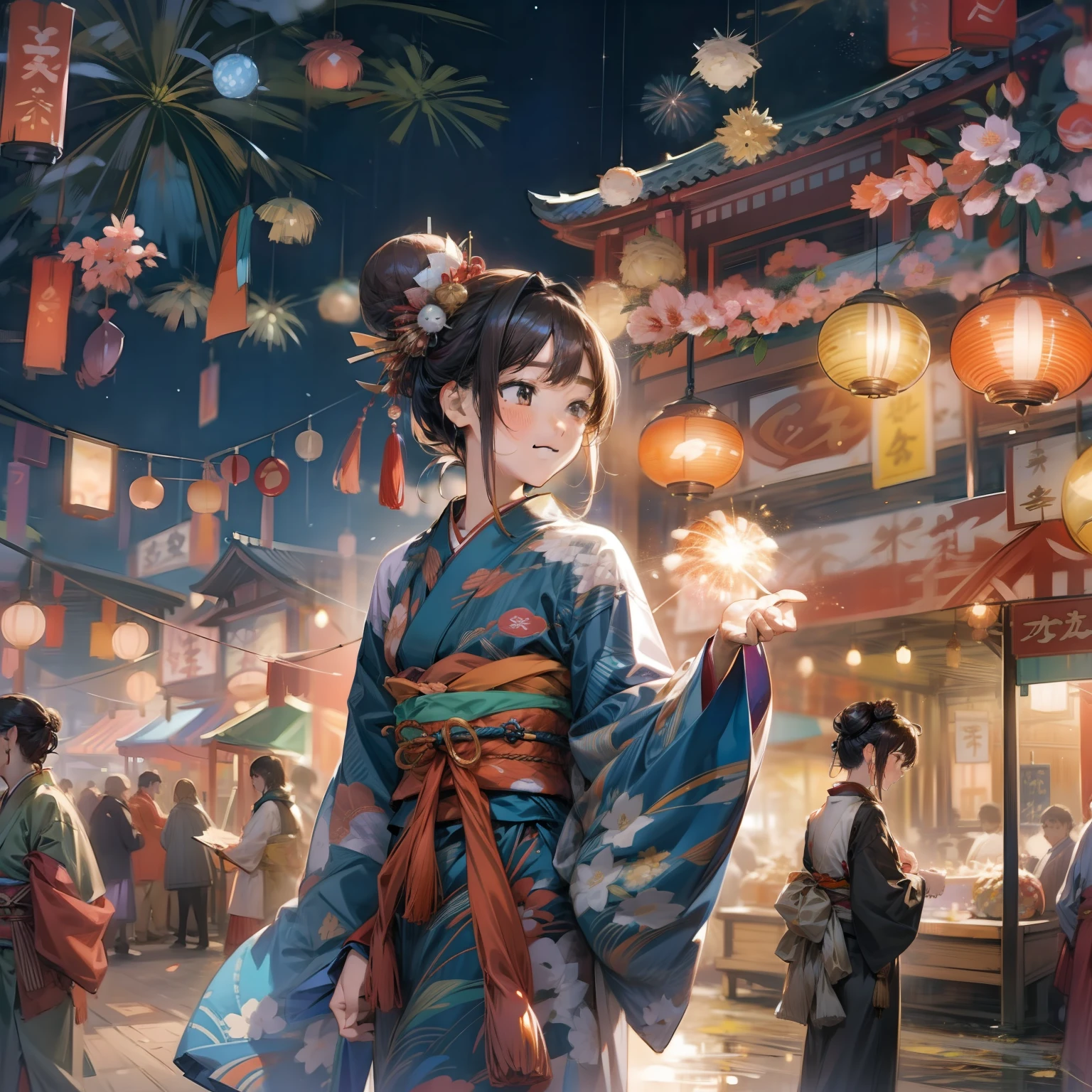 8K、Illustration of the night festival drawn in ultra-high definition detail。The subject is１Young woman in beautiful kimono of man。Hair should be long and hung on one side、It has a small ornament like bun hair.。She stands in a graceful pose、In the hand hold fireworks。

In the background, a vast festival venue spreads out、Food stalls and illuminations shine brightly、Fireworks light up the night sky。a person々roams around lively、It is filled with a festive atmosphere。

The pose is elegant and、Holding fireworks in both hands。The left arm is pulled back.、The right arm is in a posture that seems to be pulled forward。

The costume is a beautiful kimono、The pattern is gorgeous and symbolizes the festive atmosphere.。Small ornaments and obi knots are also finely designed.。

His expression is calm and elegant.、It expresses a feeling of happiness。

The composition is centered on the subject.、The venue of the spreading festival is depicted in the background。

The lighting is illuminated by the lights of the festival at night.、It creates a fantastic atmosphere。

The colors are vivid、The liveliness and glamour of the festival is expressed。

Effects include fireworks particles and shining stars、It highlights the festive atmosphere of the festival。

The background effect is a festival stall and illuminations.、The liveliness of the festival is emphasized。