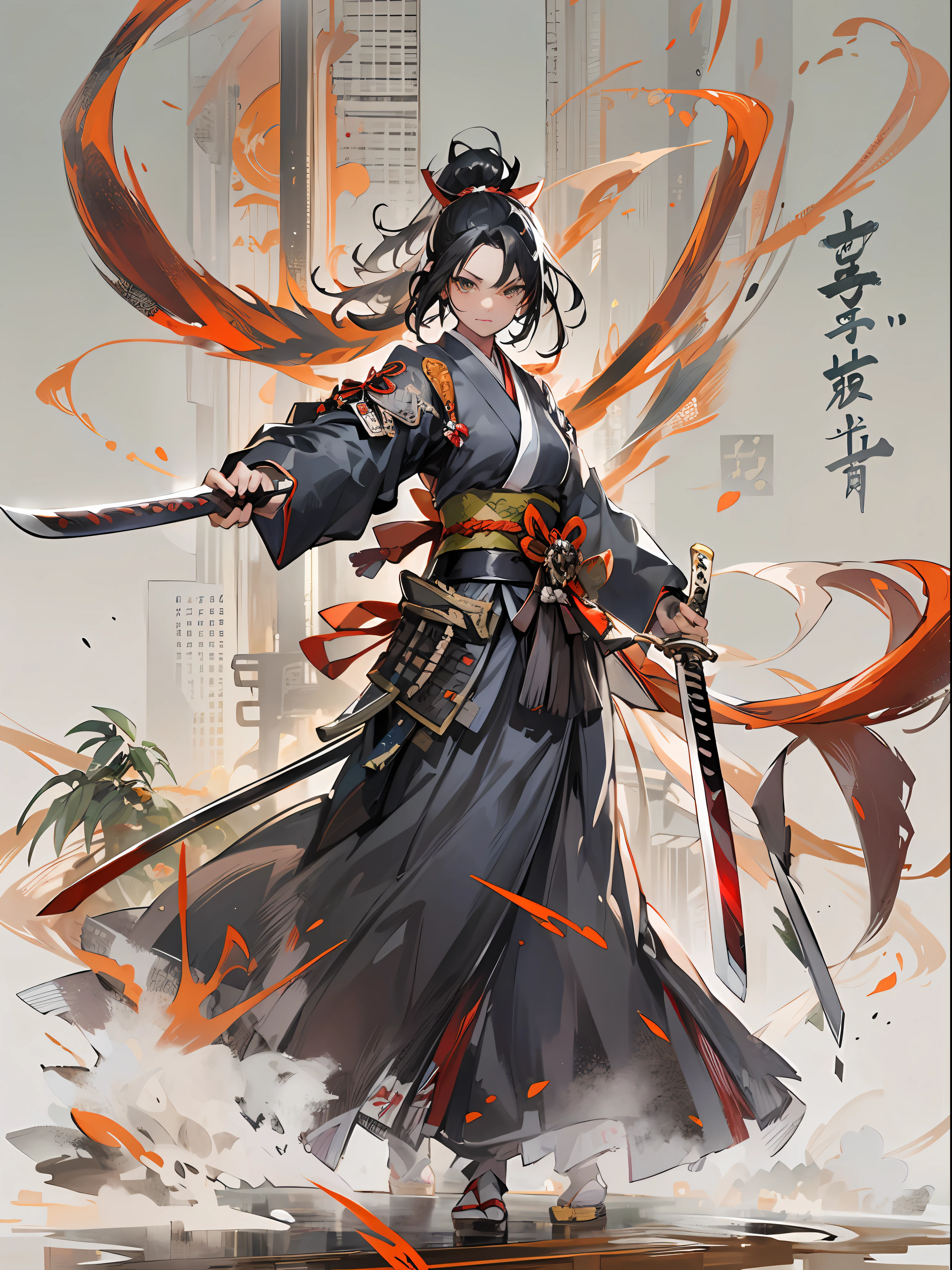 ​master piece,hyper quality, Hyper Detailed,Perfect drawing,Solo, Beautiful Girl, Samurai wielding a sword, Black ponytail, Hair tied up with a large red ribbon, Equipped with two Japan swords 、open stance, Dynamic Action Pose,Old Japan、battle field、wasteland、beatiful backgrounds、Accurate drawing、Detailed drawing、