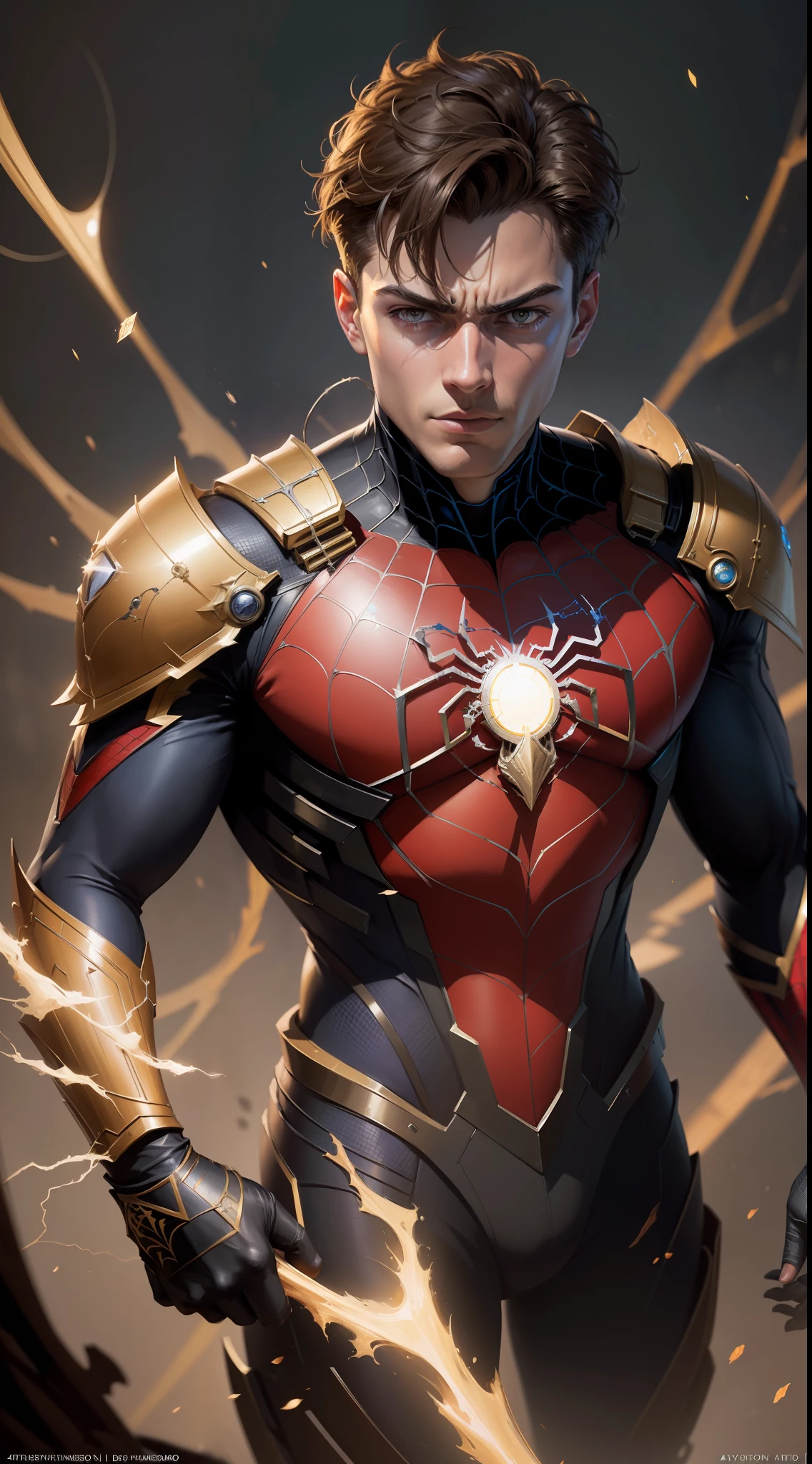 (Best Quality),(Masterpiece),(Ultra Detailed),(4k resolution),(Extremely detailed),Abstract expressionist painting "Hyperion", Billionaire Peter Parker wears Spider-Armor, tarot card, Trending on ArtStation, Digital Painting, character concept art portrait, Scary