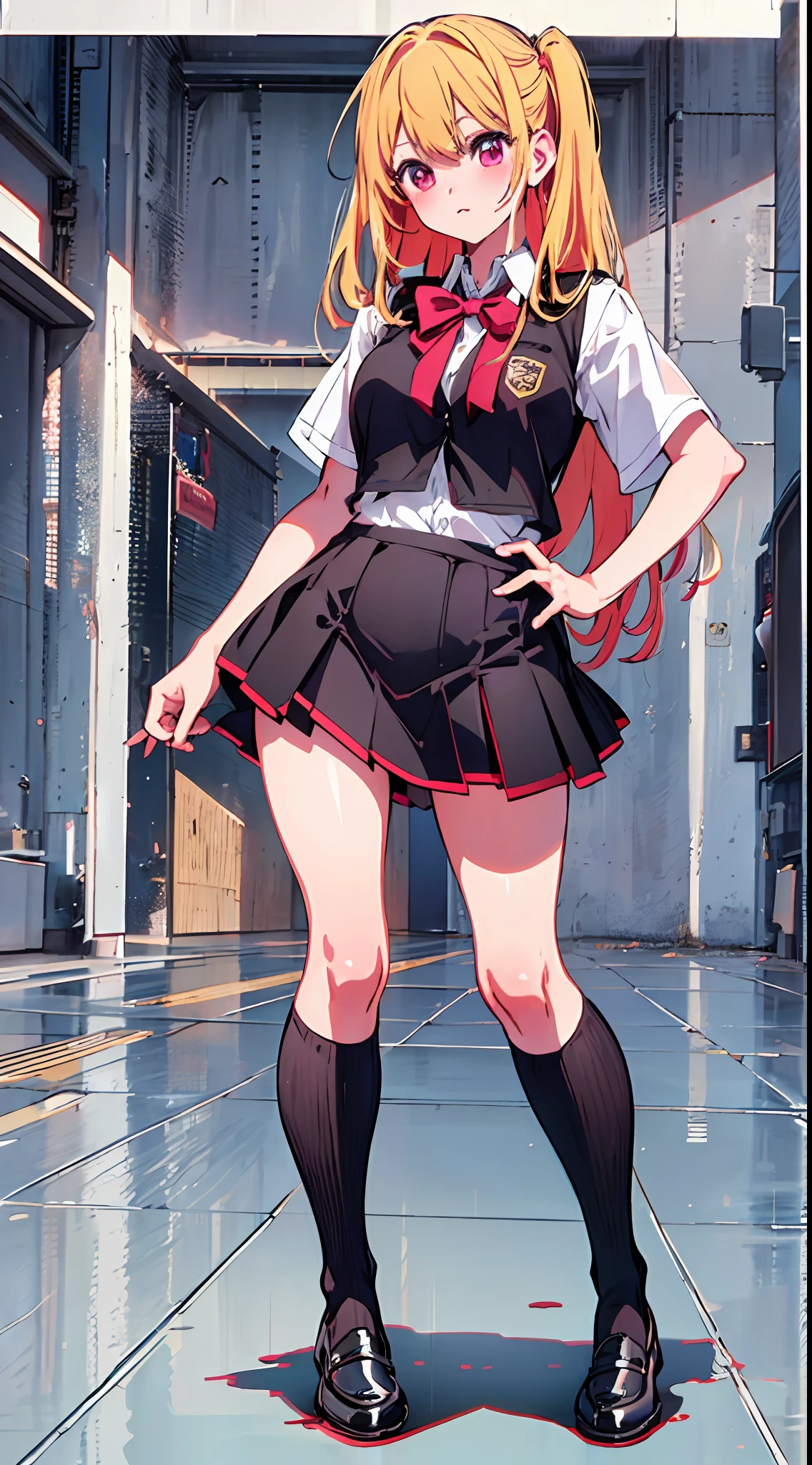 main girl is beautiful and cute, "neat and bright uniform coordination", fashion model posing, full body, full body illustration, best illustration, , realistic and elaborate uniform, high school uniform, ((highest quality)), ((masterpiece)), (detail: 1.4), anatomical, award-winning concept art, beautiful, fine details, portrait, look viewer, (full body view)), 1 girl, full body, solo, 6 years old, schoolchild, gr, blonde, air, red and pink eyes, large eyes, the pupil of the left eye is star-shaped, characteristic pupil of the left eye, the pupil of the left eye is clear, the pupil of the left eye is detailed, dark brown blazer, maroon sweater, long skirt with a long check length, dark green and maroon skirt, black hyso, orange large ribbon, white blouse, underwear, panties, skirt, white panties, wet, shirt, wet clothes, skirt lift, blush, classroom, navel,lift under chest, clothing lift, easy background, lifting clothes, uniform, Japan cute school uniform, blazer, look away, short sleeve, loli, skinny, elementary, loli, baby face, cute, young appearance, fanttic viction, professional effects, beautiful girl, petite girl, sweaty transparent clothes, uneven, absurd,up loafers, golden hair, red and pink eyes, main girl is beautiful and cute