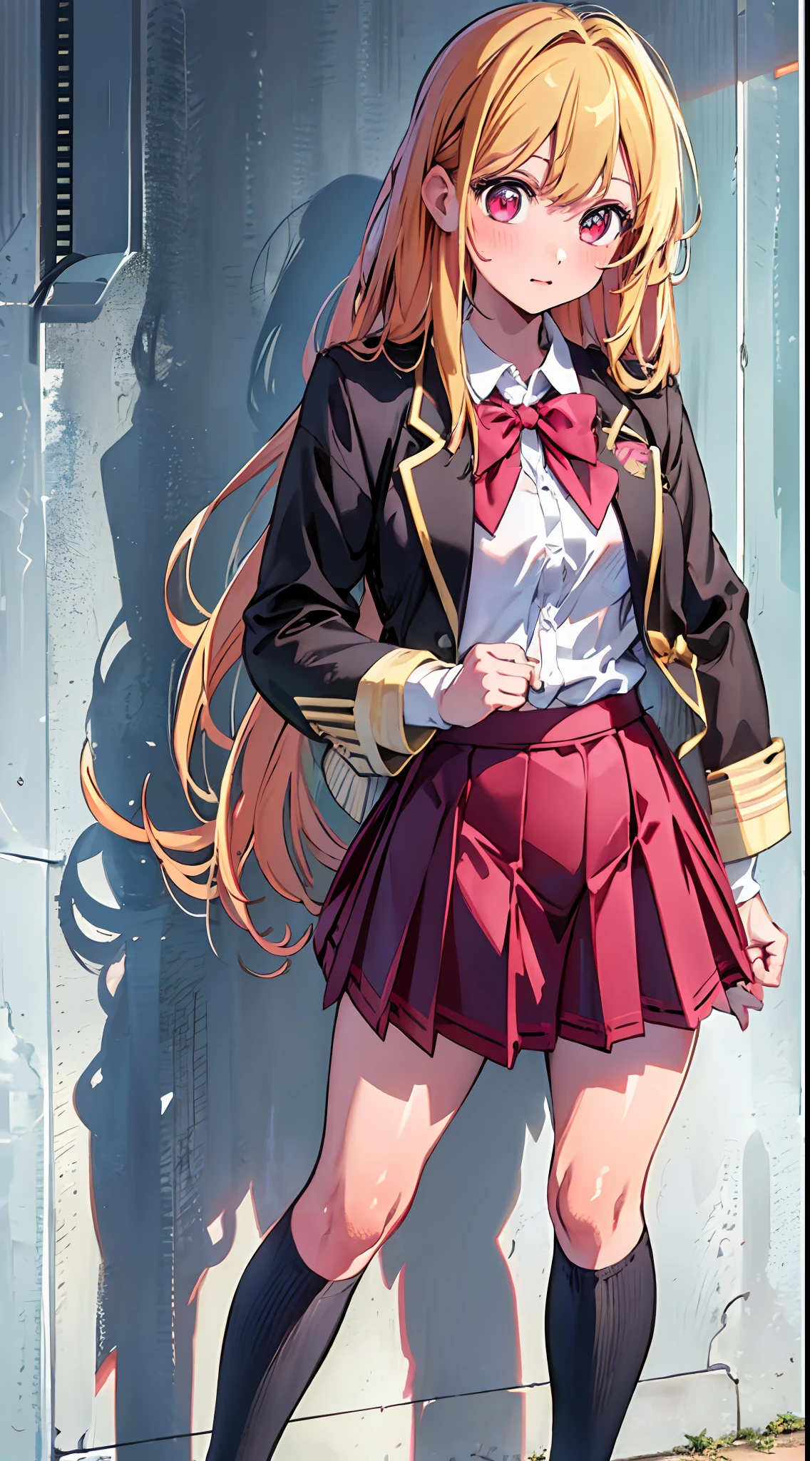 main girl is beautiful and cute, "neat and bright uniform coordination", fashion model posing, full body, full body illustration, best illustration, elementary school student, realistic and elaborate uniform, high school uniform, ((highest quality)), ((masterpiece)), (detail: 1.4), anatomical, award-winning concept art, beautiful, fine details, portrait, look viewer, (full body view)), 1 girl, full body, solo, 6 years old, schoolchild, golden hair, blonde, semi-long hair, red and pink eyes, large eyes, the pupil of the left eye is star-shaped, characteristic pupil of the left eye, the pupil of the left eye is clear, the pupil of the left eye is detailed, dark brown blazer, maroon sweater, long skirt with a long check length, dark green and maroon skirt, black hyso, orange large ribbon, white blouse, underwear, panties, skirt, white panties, wet, shirt, wet clothes, skirt lift, blush, classroom, navel,lift under chest, clothing lift, easy background, lifting clothes, uniform, Japan cute school uniform, blazer, look away, short sleeve, loli, skinny, elementary, loli, baby face, cute, young appearance, fantastic visual depiction, professional effects, beautiful girl, petite girl, sweaty transparent clothes, uneven, absurd, heel up loafers, golden hair, red and pink eyes, main girl is beautiful and cute