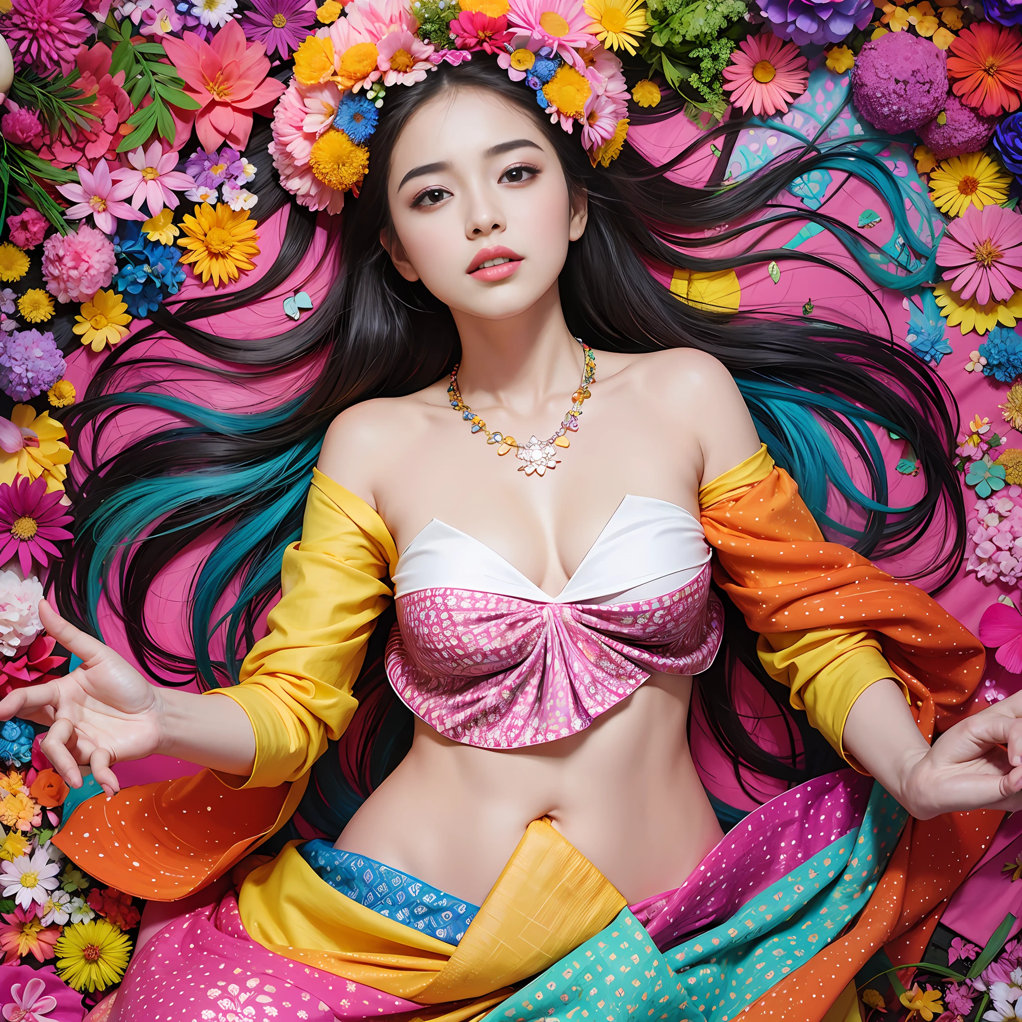 masterpiece,best quality,absurdres, highres, ultra detailed, 1girl, kaleidoscopic imagery, symmetrical patterns, vibrant colors, geometric shapes, mesmerizing designs, optical illusions, dynamic composition, pantomime art, expressive body language, silent storytelling, evocative gestures, visual narratives, theatrical performances, blooming flowers, colorful petals, fragrant scents, nature's bounty, vibrant gardens, peaceful scenery