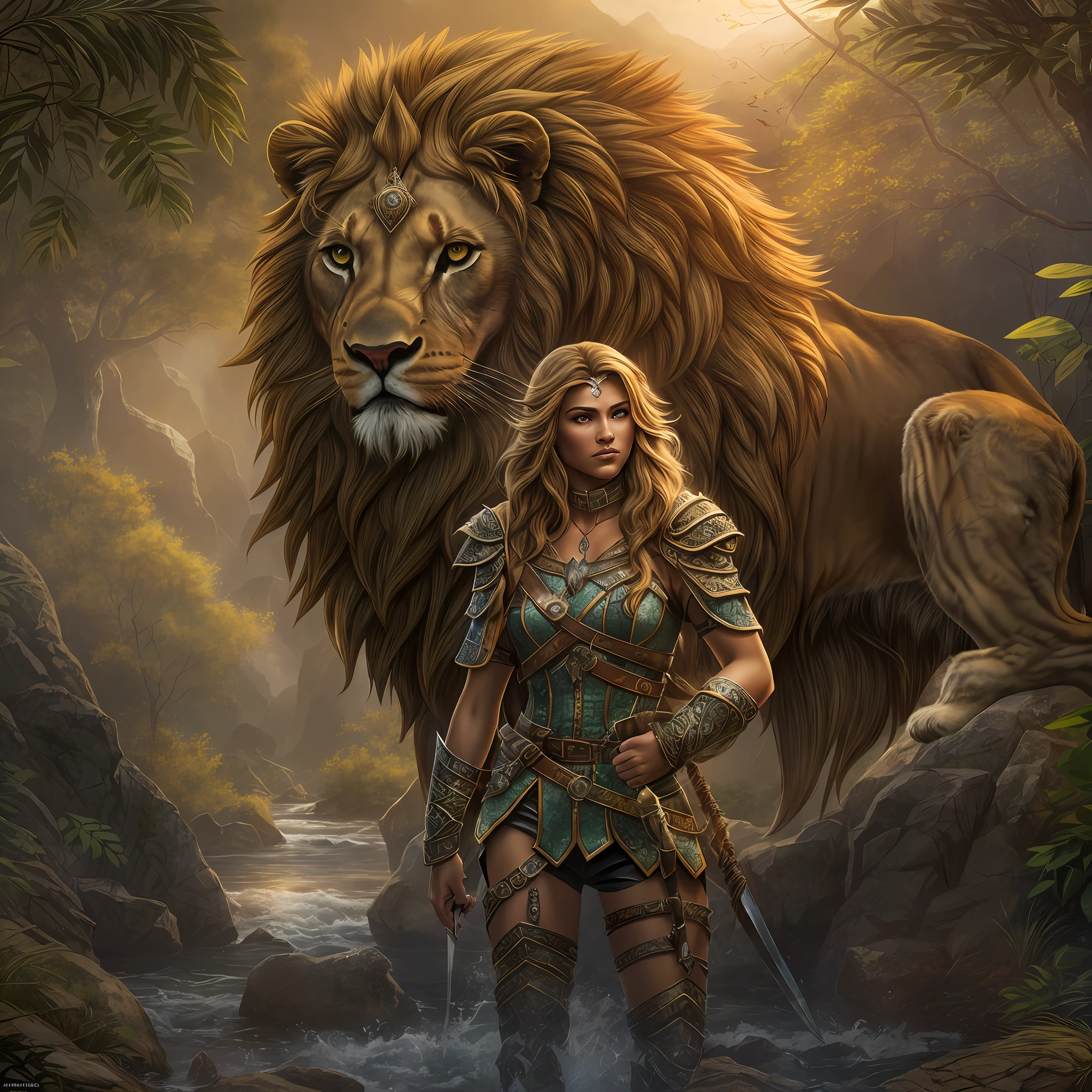 high details, best quality, 8k, [ultra detailed], masterpiece, best quality, (extremely detailed), dynamic angle, ultra wide shot, RAW, photorealistic, fantasy art, dnd art, rpg art, realistic art, a wide angle picture of a female human ranger and her pet lion, warrior of nature, fighter of nature, full body, [[anatomically correct]]. dynamic position (1.5 intricate details, Masterpiece, best quality) talking to a lion (1.6 intricate details, Masterpiece, best quality) in graaslands (1.5 intricate details, Masterpiece, best quality), a female  wearing leather clothes (1.4 intricate details, Masterpiece, best quality), leather boots, thick hair, long hair, dynamic hair, tan skin intense eyes, grasslands background (intense details), a stream flowing in the backgraound (1.4 intricate details, Masterpiece, best quality), dawn light, clouds (1.4 intricate details, Masterpiece, best quality), dynamic angle, (1.4 intricate details, Masterpiece, best quality) 3D rendering, high details, best quality, highres, ultra wide angle