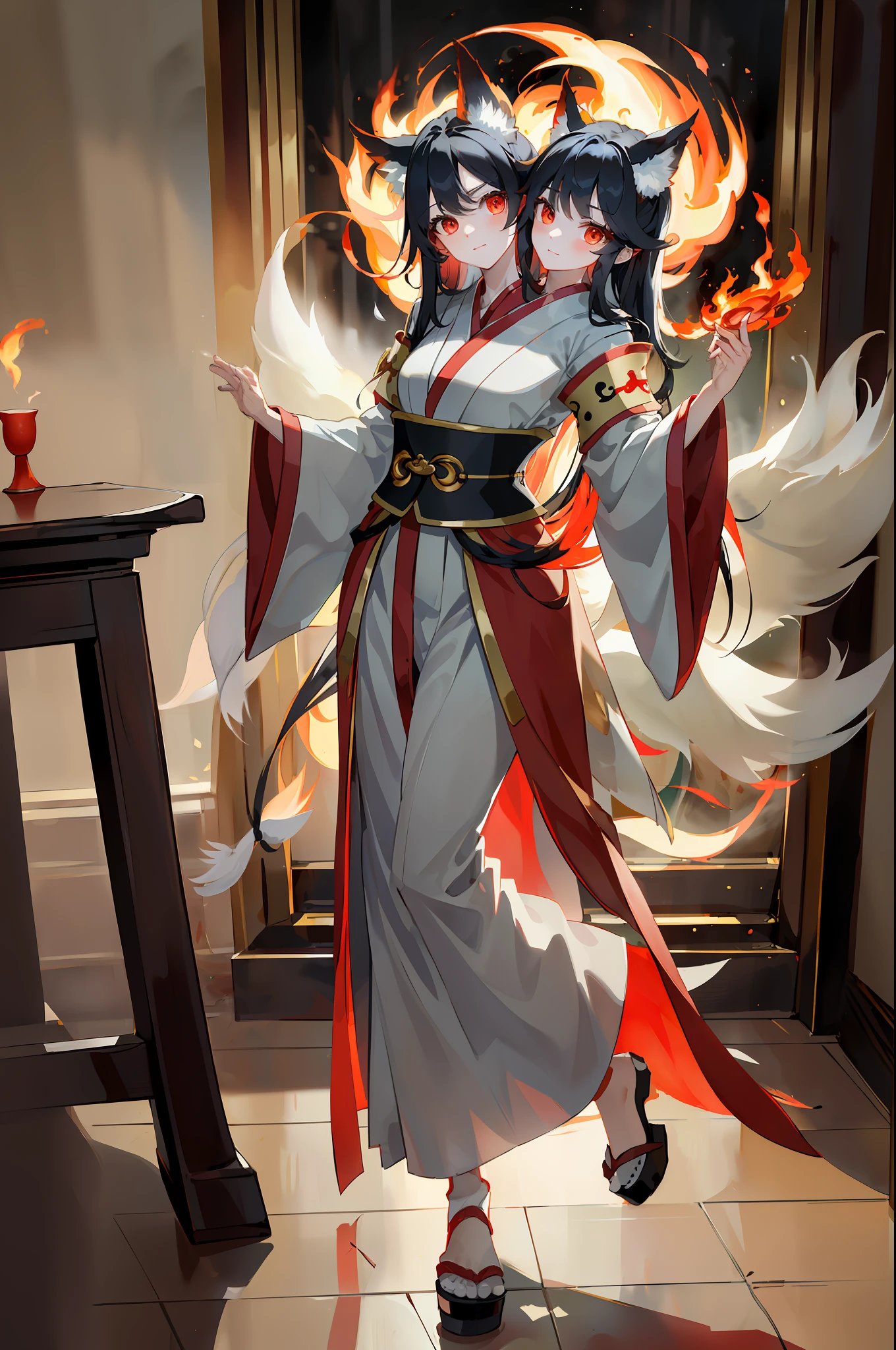 A woman in a long dress with a red cape and a white cape - SeaArt AI