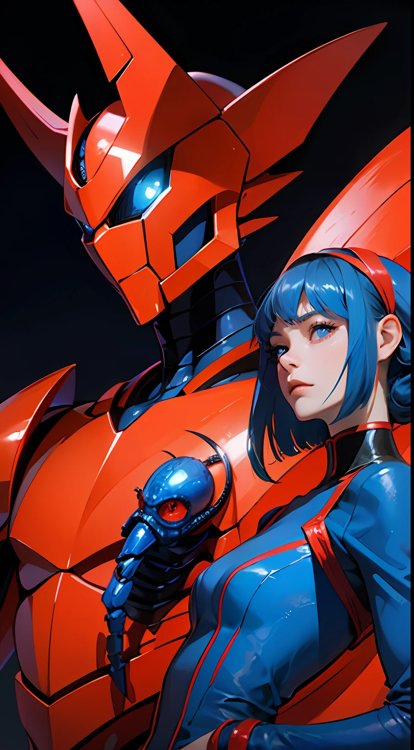 Cartoon photo of woman in blue and red costume、Hot insect humanoid female、Guyver Style、SFW version、Scarabeleploid、tail、Cel Shade Adult Animation、Alien Queen、Core Crystal、