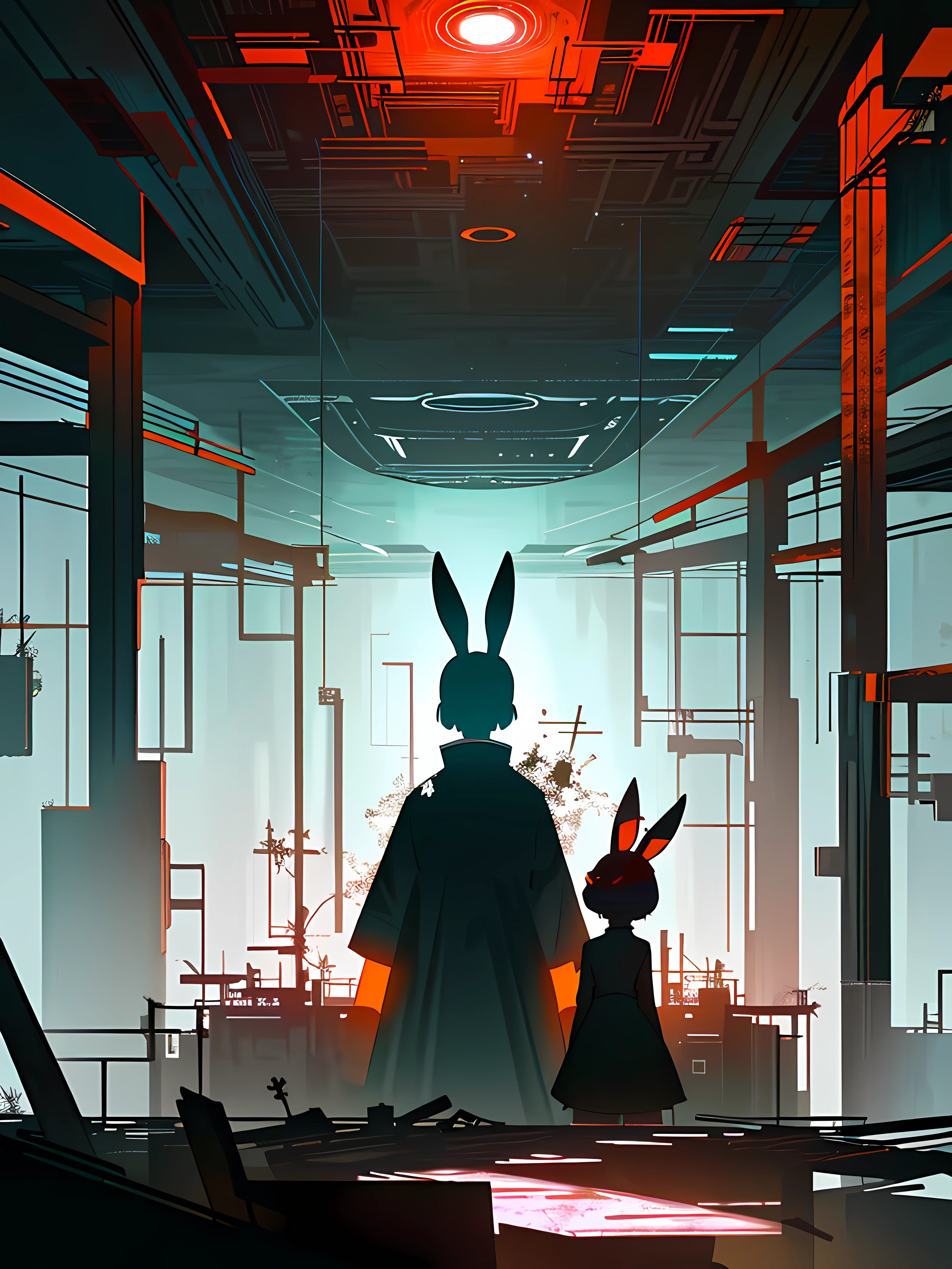 (blame! style abandoned tech landscape), (Zen, Amy Sol style), (underground, dark, foggy, perilous, abandoned dystopian apartment bedroom, deep windows), (abstract anthro rabbit figure wearing bunny ears), cover art with light abstraction, abstract, simple vector art, contemporary Cybernetic art, color gradients, soft color palettes, layered forms, whimsical animation, style Ethereal abstract, 4K, --v6