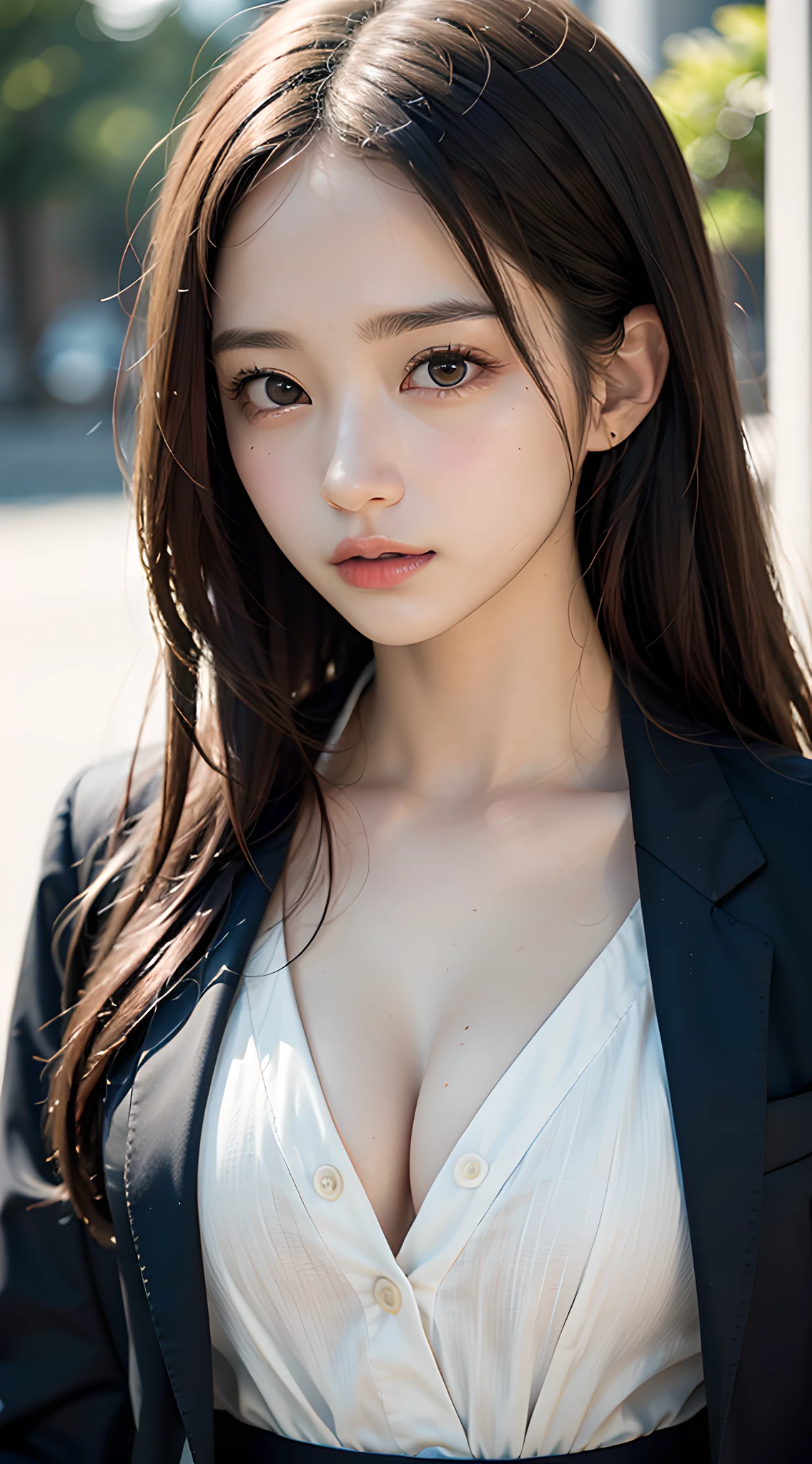 (masterpiece, best quality:1.2), 8k, 85mm, official art, raw photo, absurdres, violaceaess, rosaceaess, gardeniass, beautiful girl, pretty face, close up, upper body, cinch waist, black tailored suit, suit jaket, V-neck shirt, looking at viewer, cleavage, film grain, chromatic aberration, sharp focus, facelight, clear lighting, detailed face, (bokeh background:1.2)