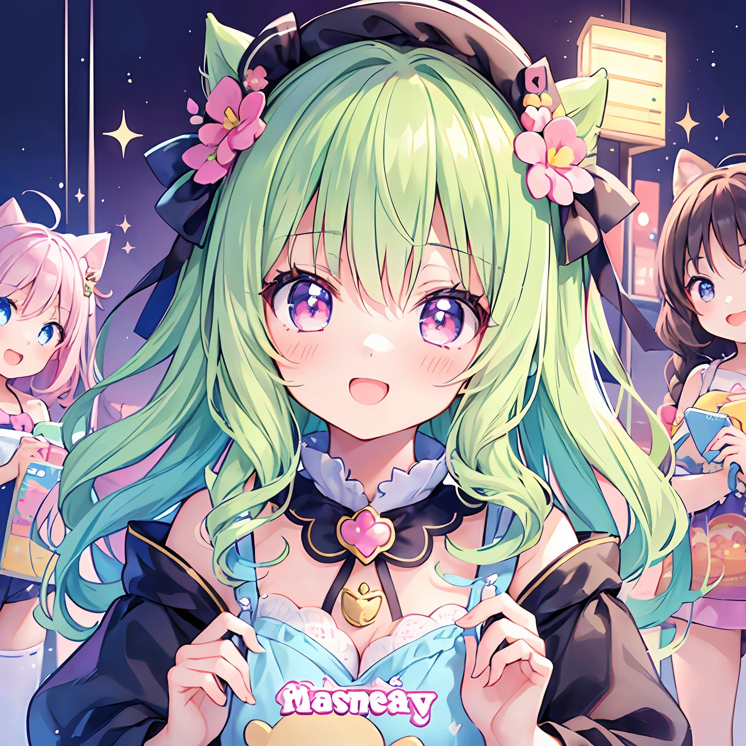 masterpiece, (2girls and 2girls and 2girls and 2girls), idol, closeup, big eyes, kawaiitech, kawaii, cute, pastel colors, best quality, happy, deep background, symmetrical, tilted head, summer, cover, title